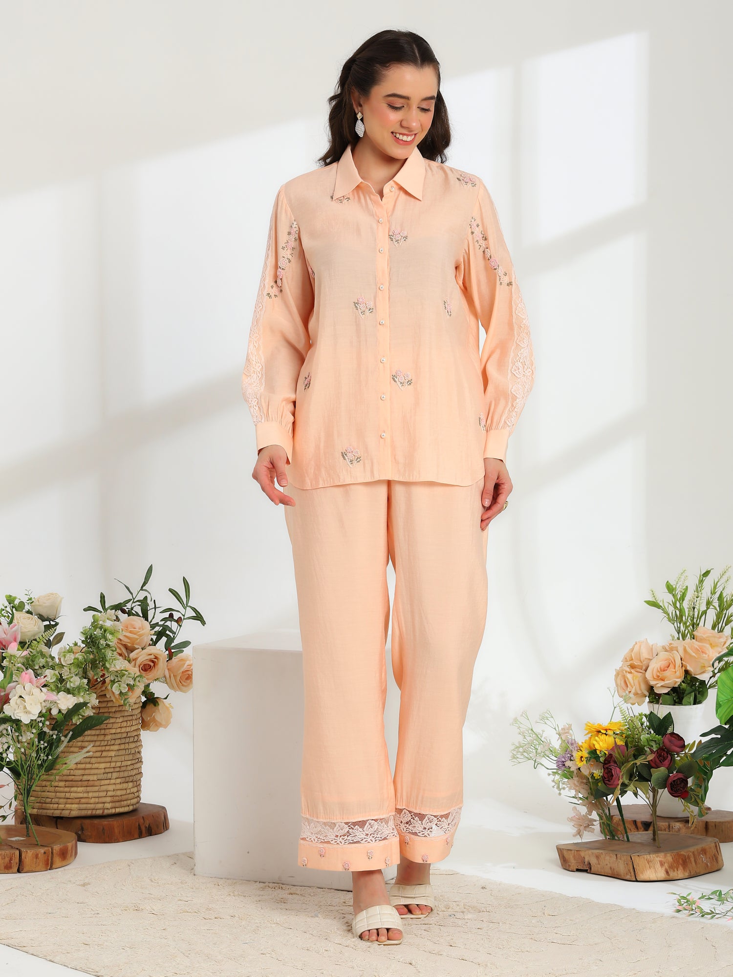Spring Peach Hand Embroidered French lace Silk Co-ord Set