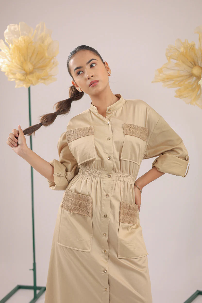 The brown beige midi cotton dress with pockets