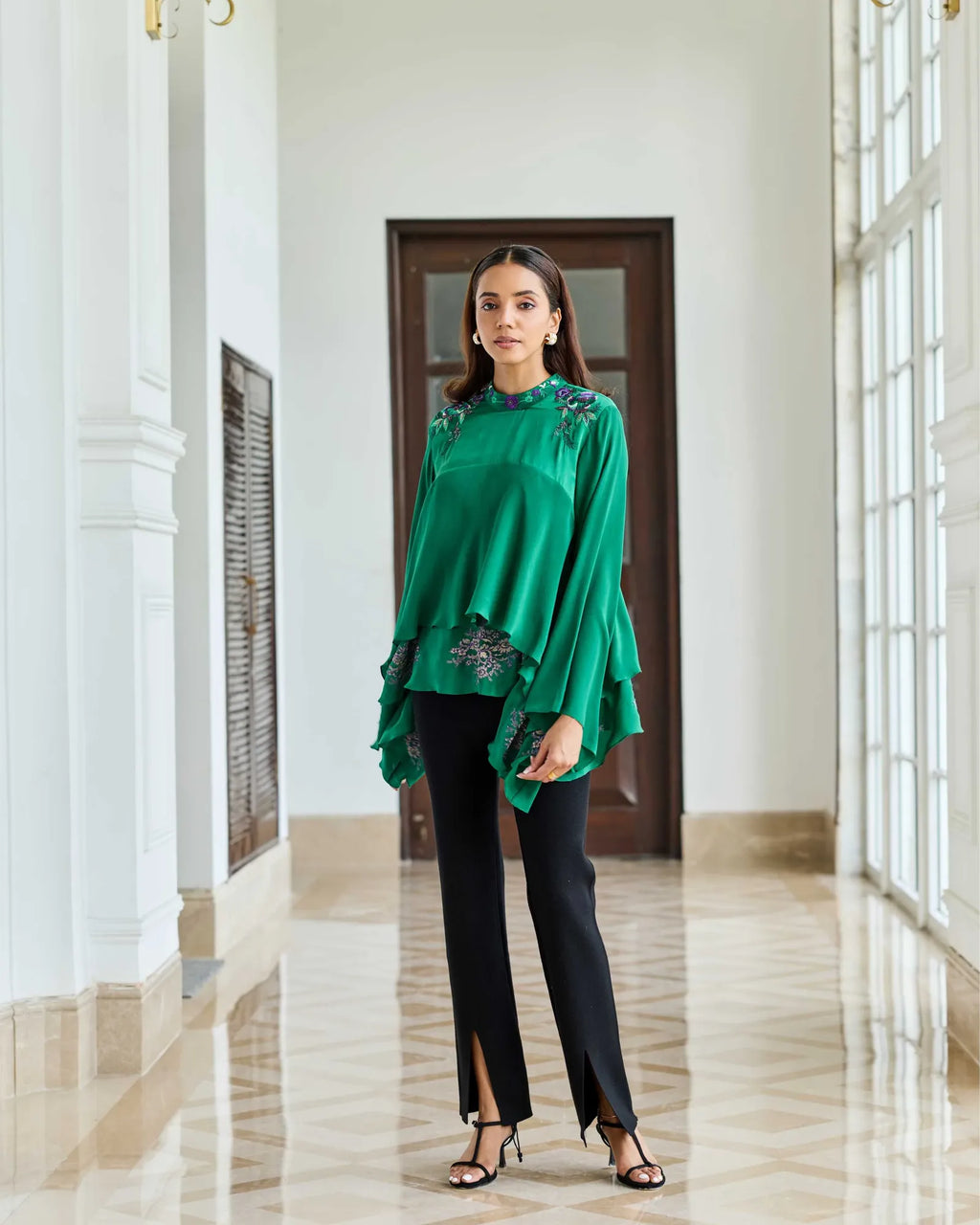 Emerald Oath Hand Embroidered French Lace Crepe Top