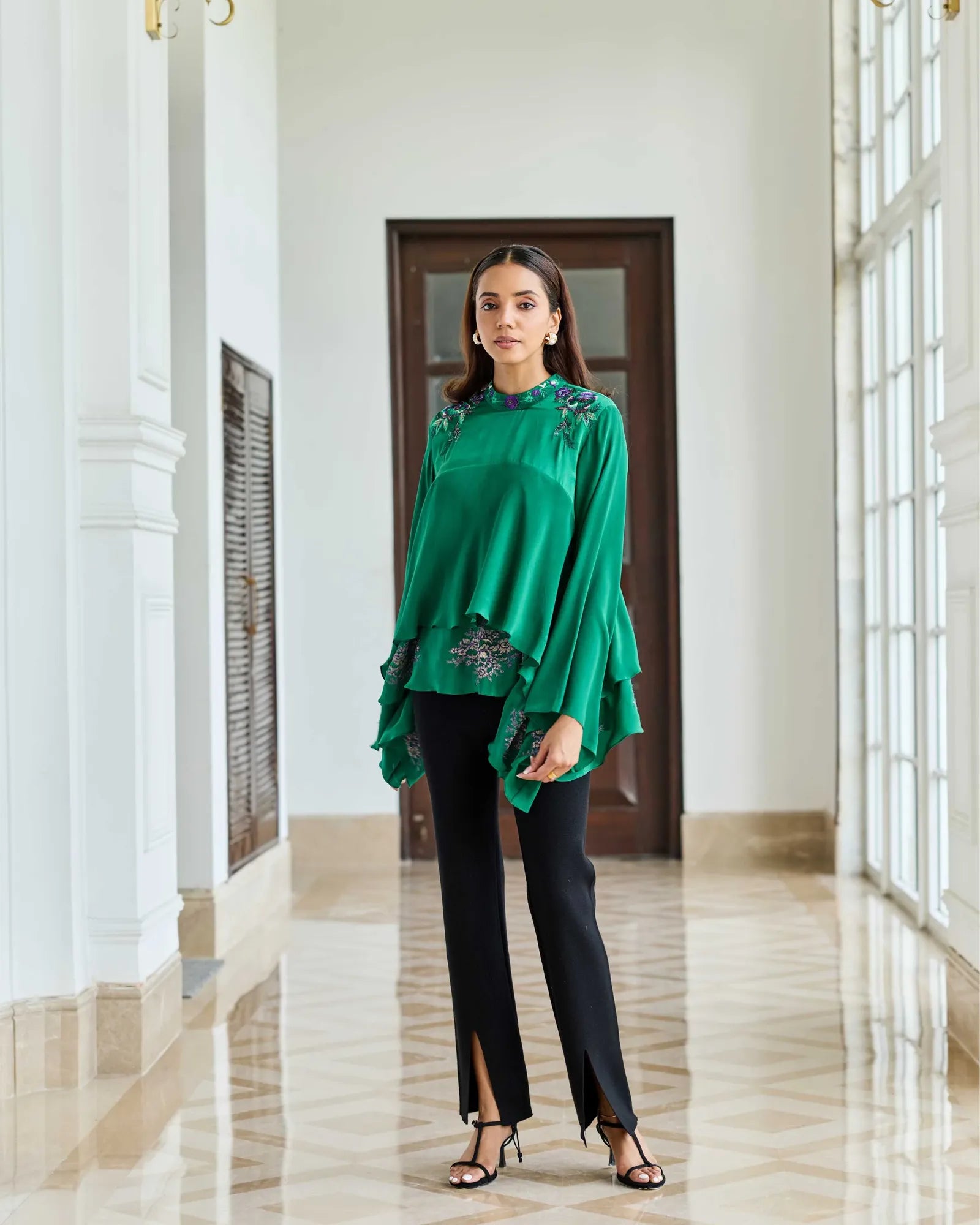 Emerald Oath Hand Embroidered French Lace Crepe Top
