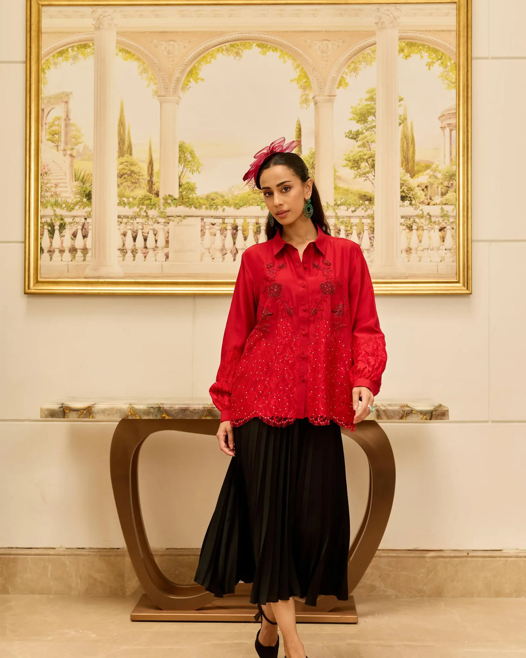 Crimson Bloom Red Hand Embroidered French Lace Habotai Silk Shirt