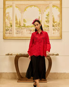 Crimson Bloom Red Hand Embroidered French Lace Habotai Silk Shirt