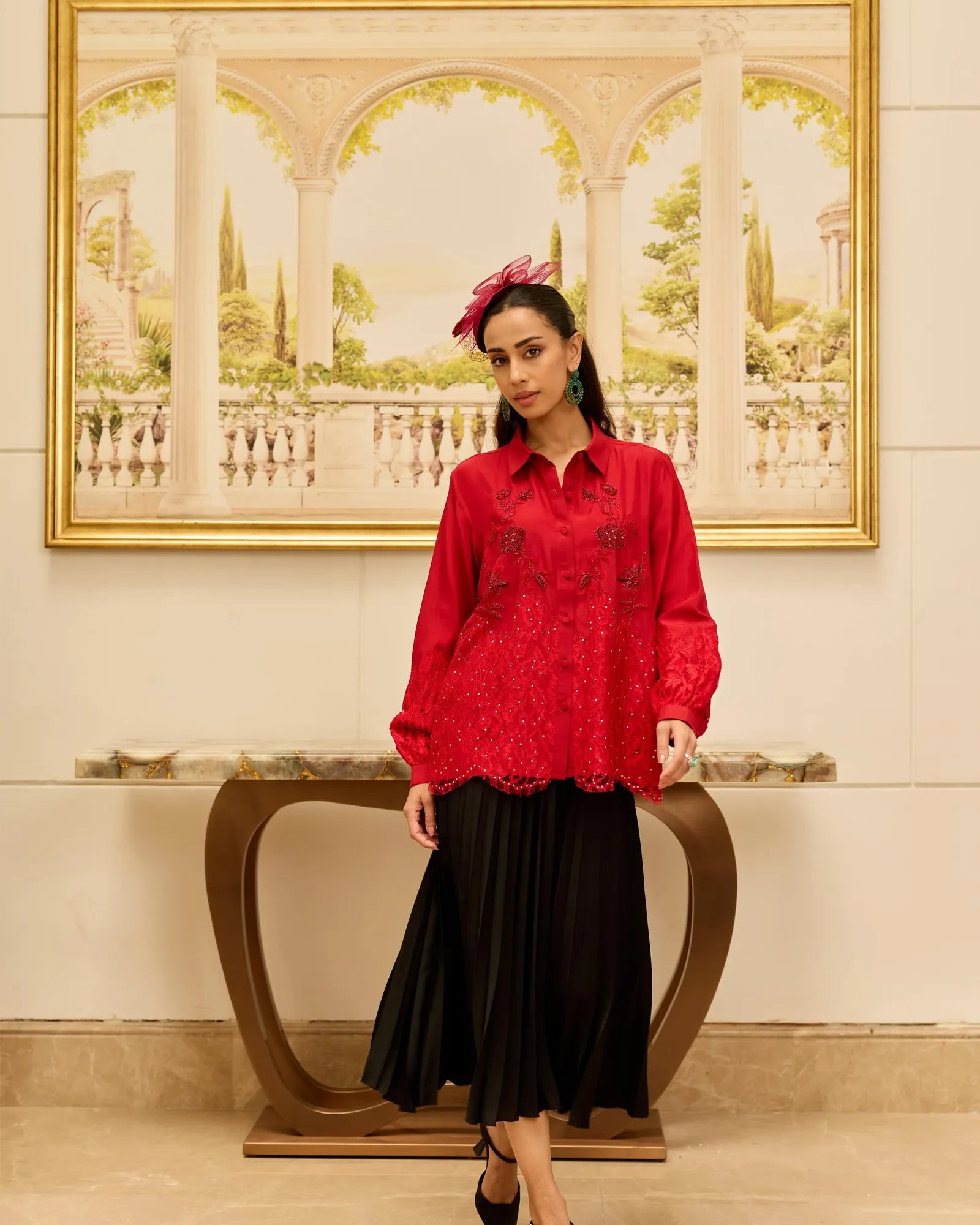 Crimson Bloom Red Hand Embroidered French Lace Habotai Silk Shirt