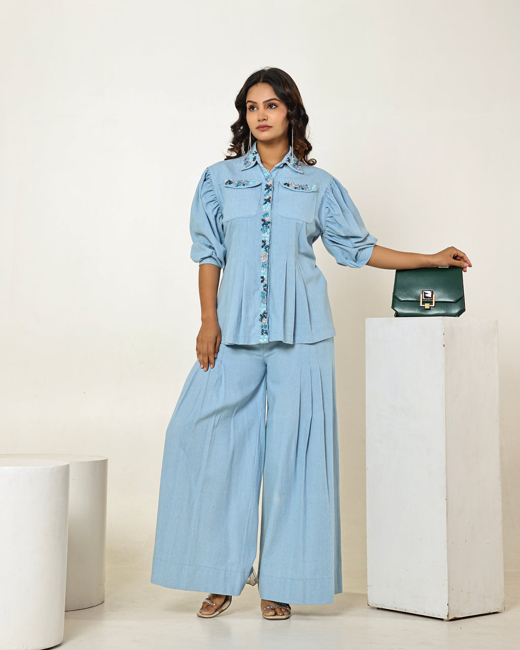 THE LIGHT DENIM WAIST PLEATED EMBELLISHED SHIRT WITH PLEATED HIGH WAISTED PANTS