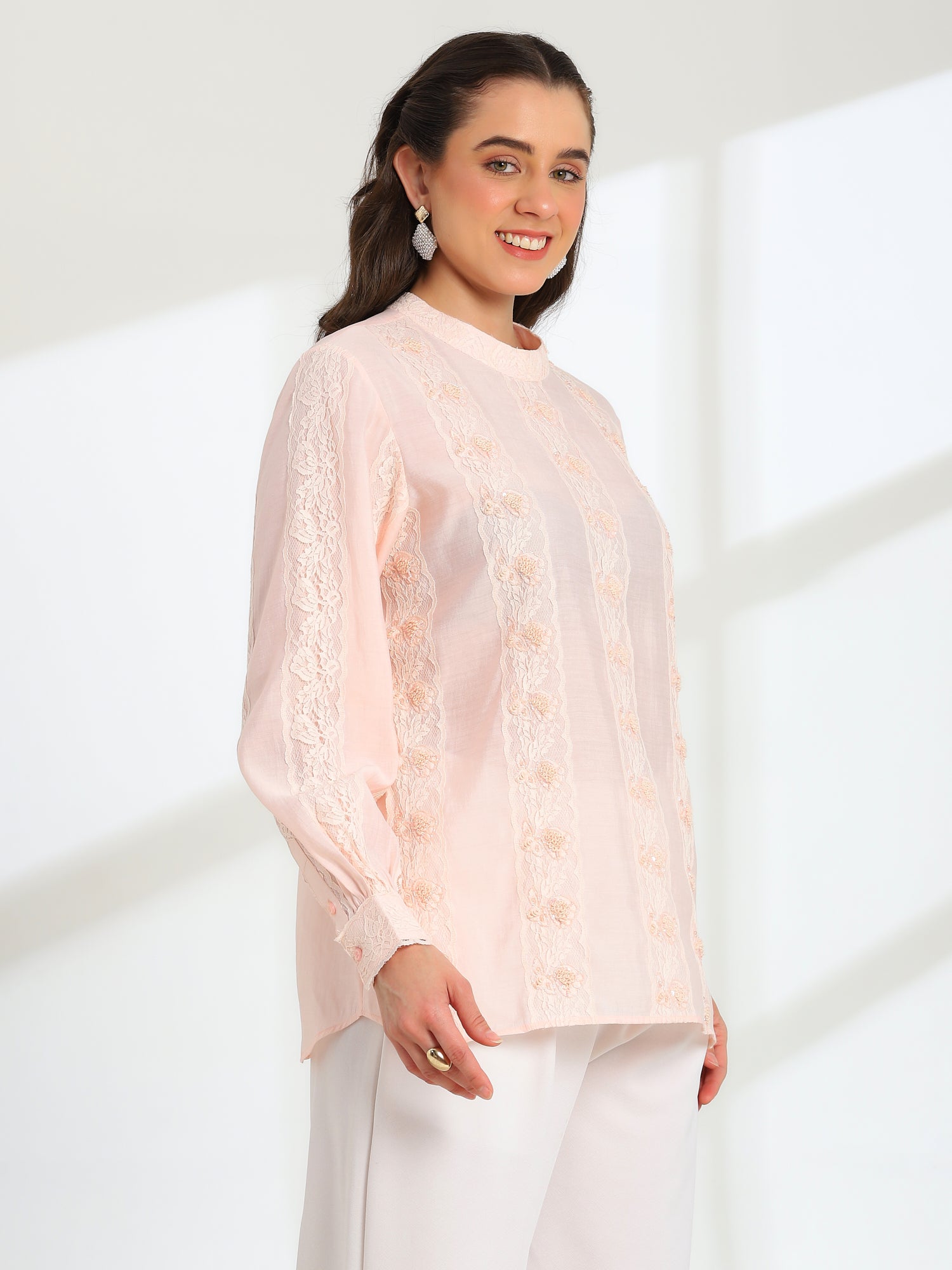 Elan Pink  Hand Embroidered French Lace Silk Cotton Shirt