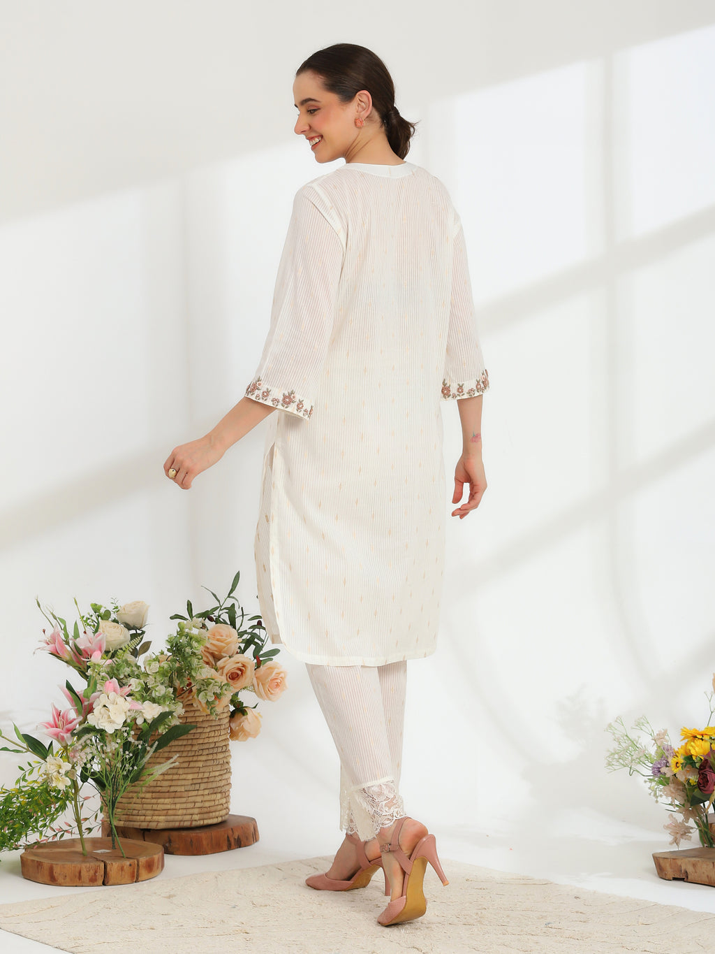 Lumiere Ivory Hand Embroidered French lace cotton dobby Kurta set - Dareiss