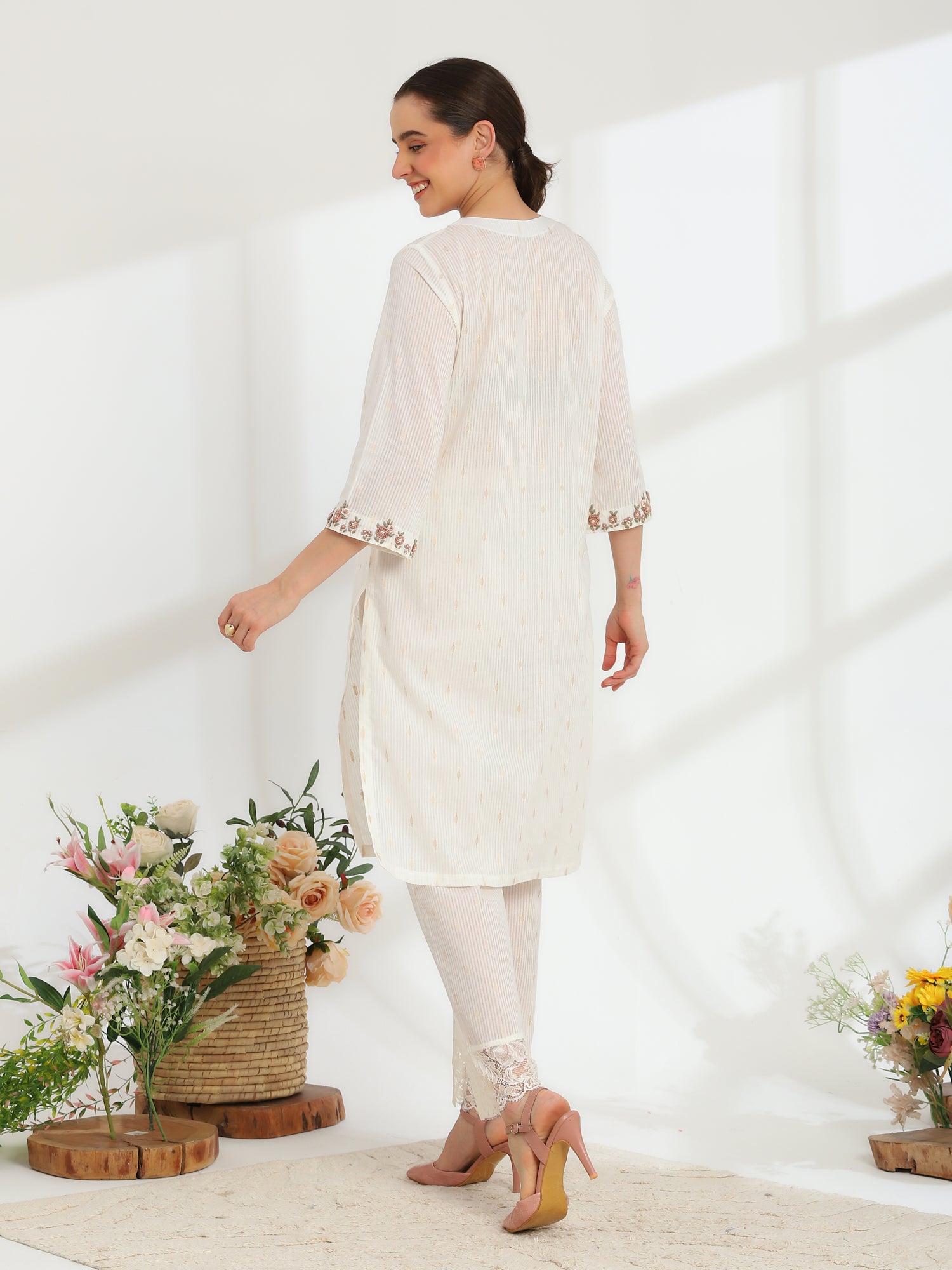 Lumiere Ivory Hand Embroidered French lace cotton dobby Kurta set - Dareiss