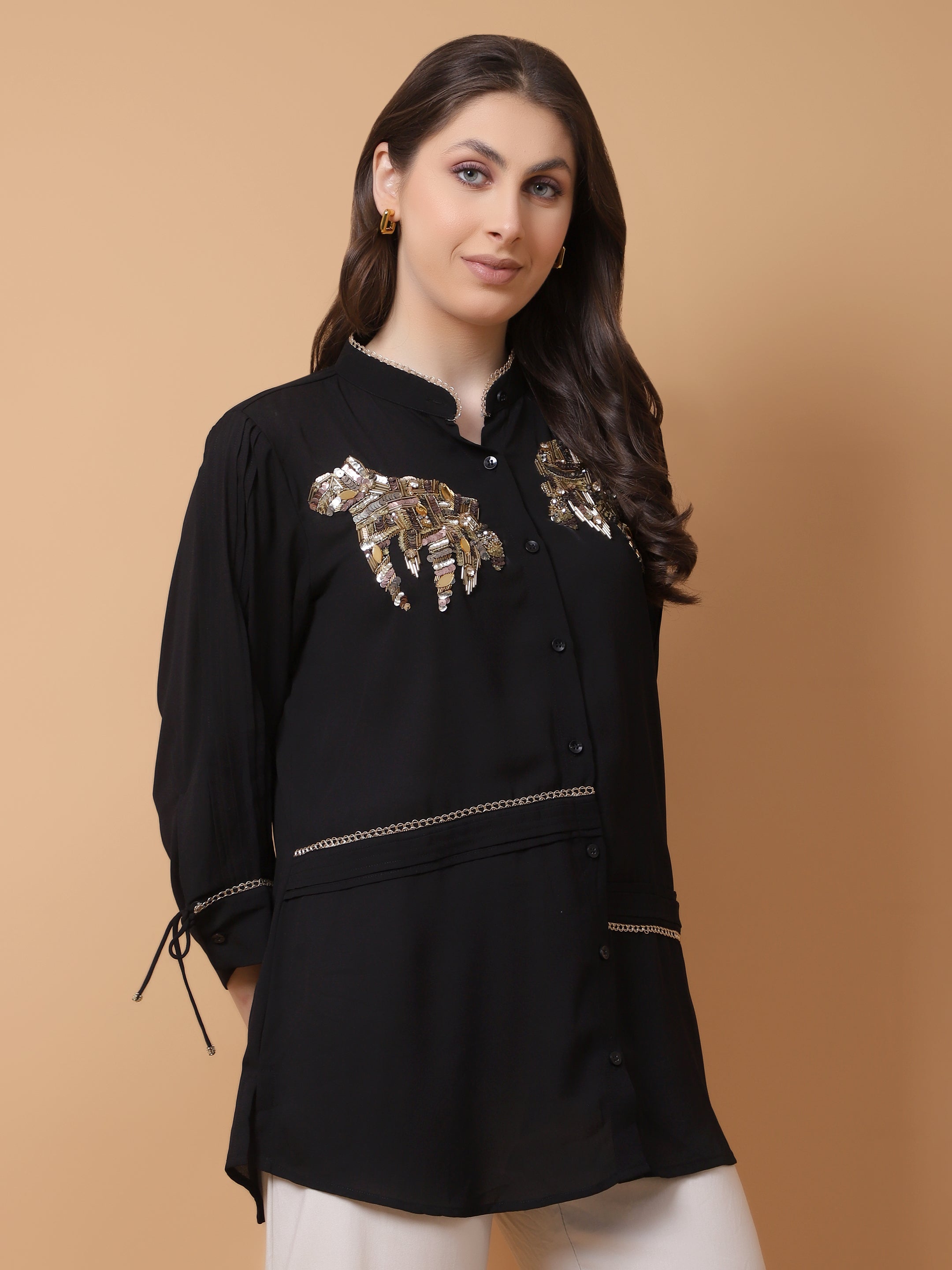 Black Georgette Embroidered Shirt