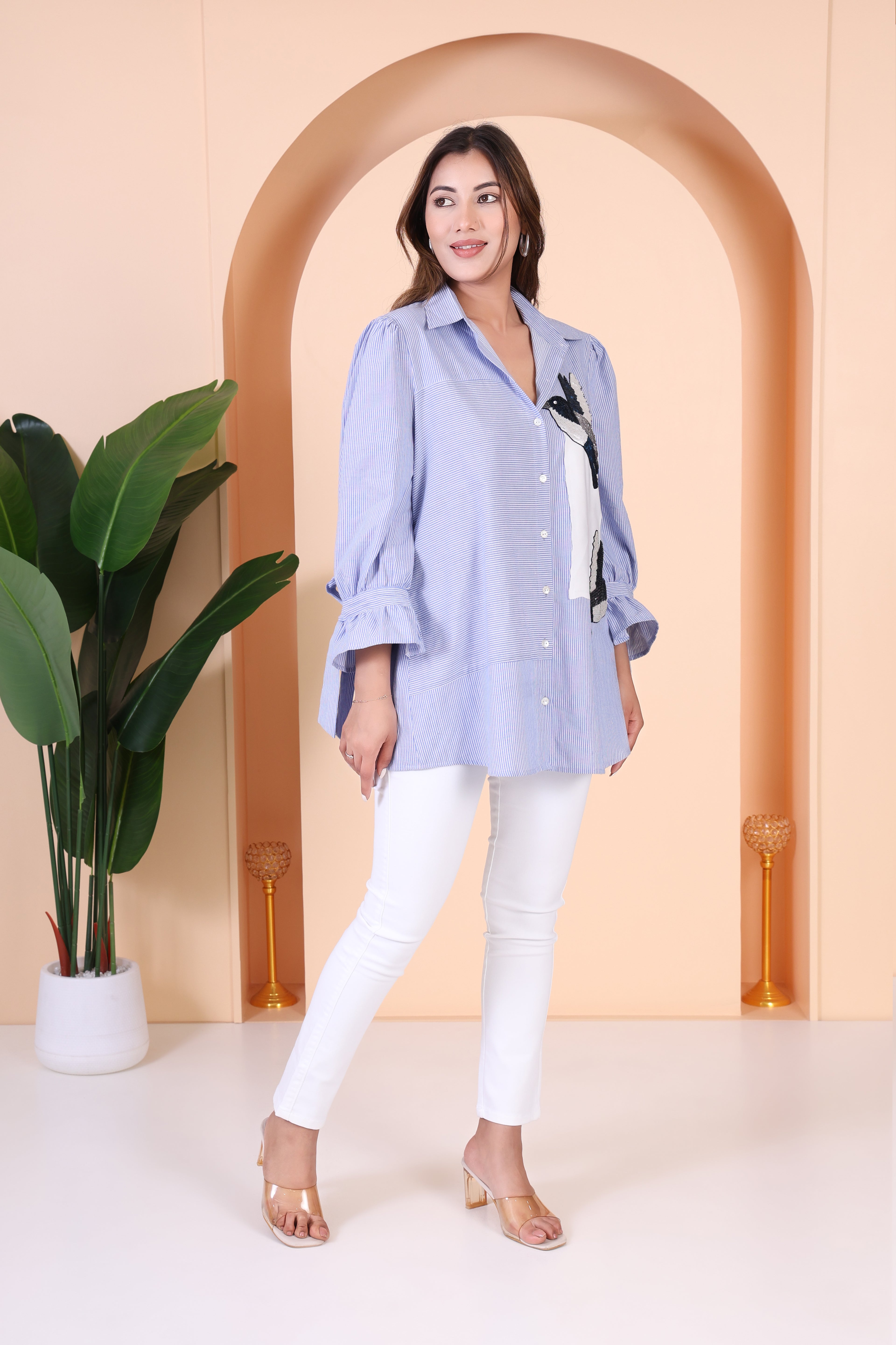 Blue Stripes Embroidered Shirt - Gagan Vohra