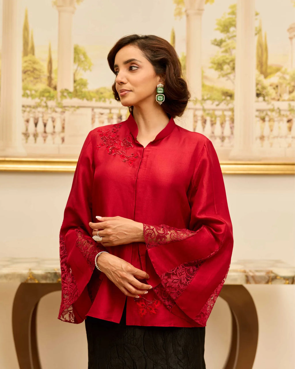 Golden Echo Cherry Red Hand Embroiderred French Lace Dupion Silk Shirt - Dareiss