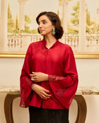 Golden Echo Cherry Red Hand Embroiderred French Lace Dupion Silk Shirt - Dareiss