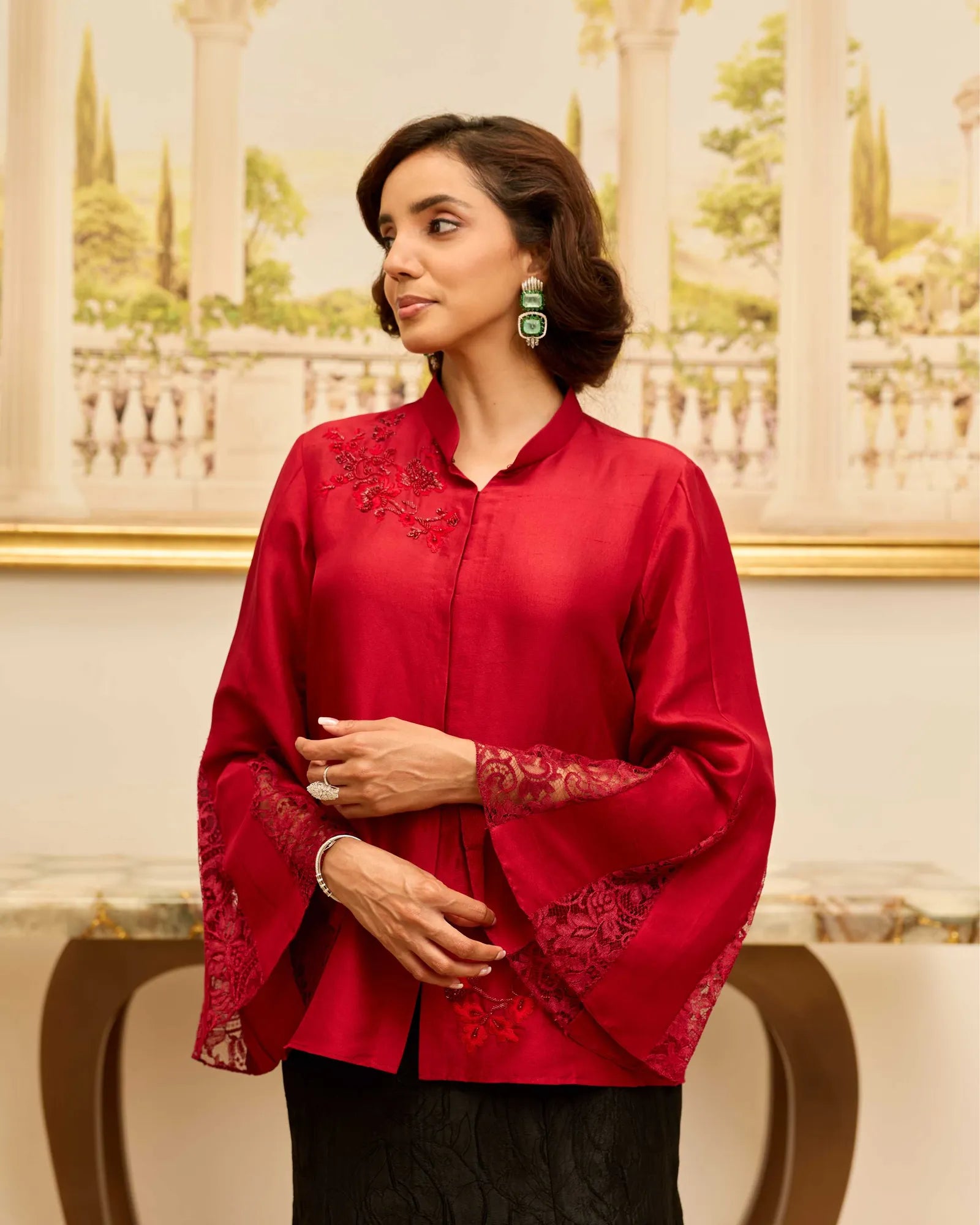 Golden Echo Cherry Red Hand Embroiderred French Lace Dupion Silk Shirt - Dareiss