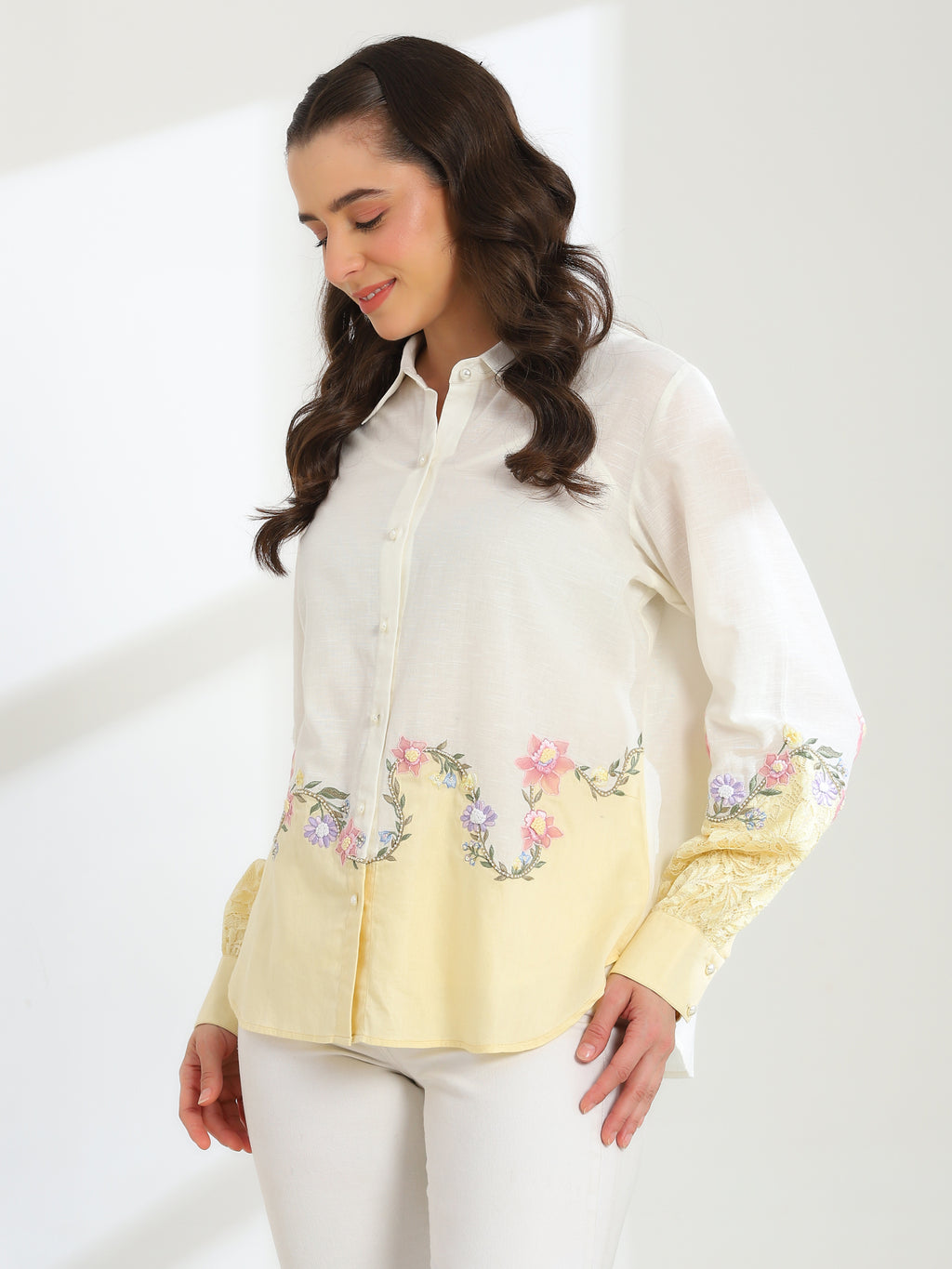 Sunlit  Yellow Garden Embroidered French lace Silk Linen Shirt