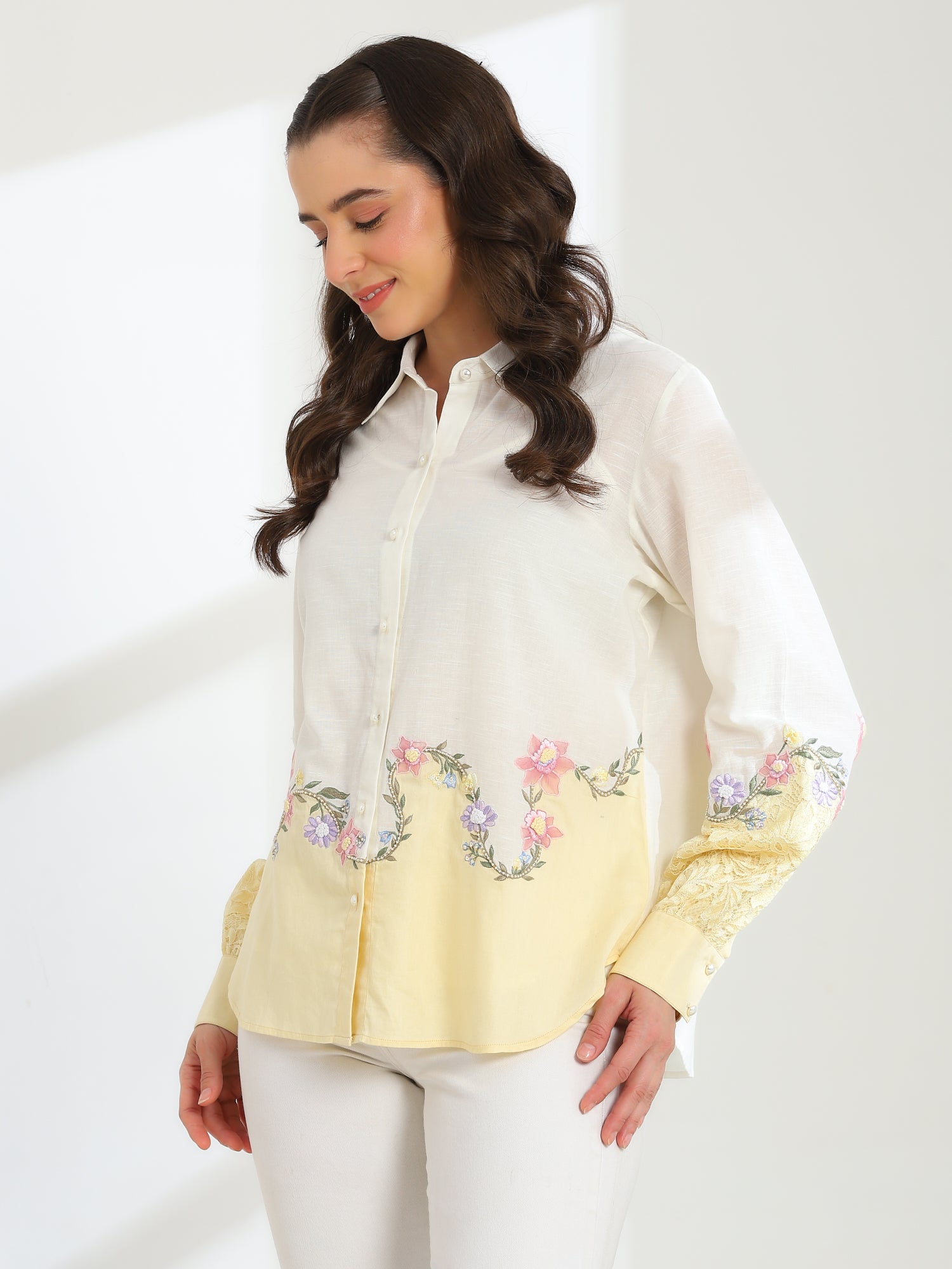Sunlit  Yellow Garden Embroidered French lace Silk Linen Shirt