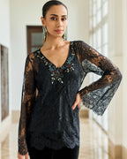Scepter Classic Black French Chantilly Lace Beaded Embroidery Top