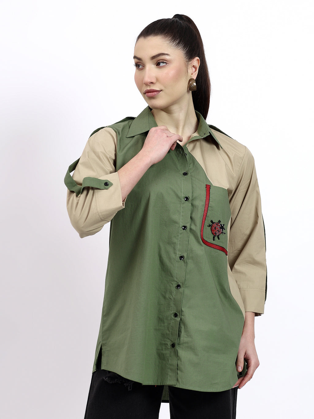 Olive and Beige color block embroidered shirt