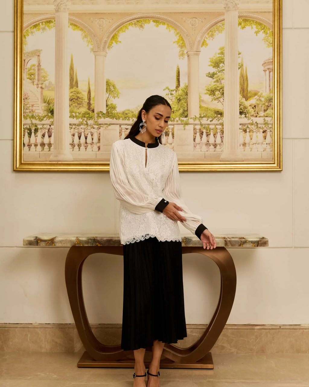 Celestia White French Lace Chiffon Blouse