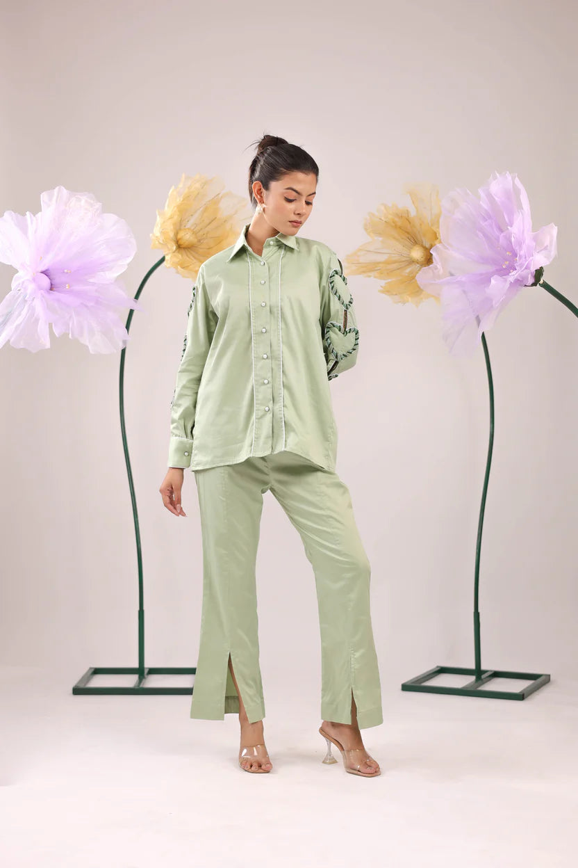 THE MINT GREEN HEART SLEEVE EMBELLISHED COTTON SHIRT WITH WIDE PLACKET