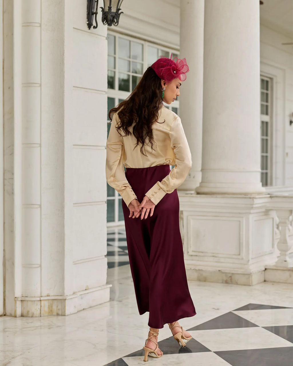 Silken Promise Beige Lace Accented Potli Button Satin Silk Top