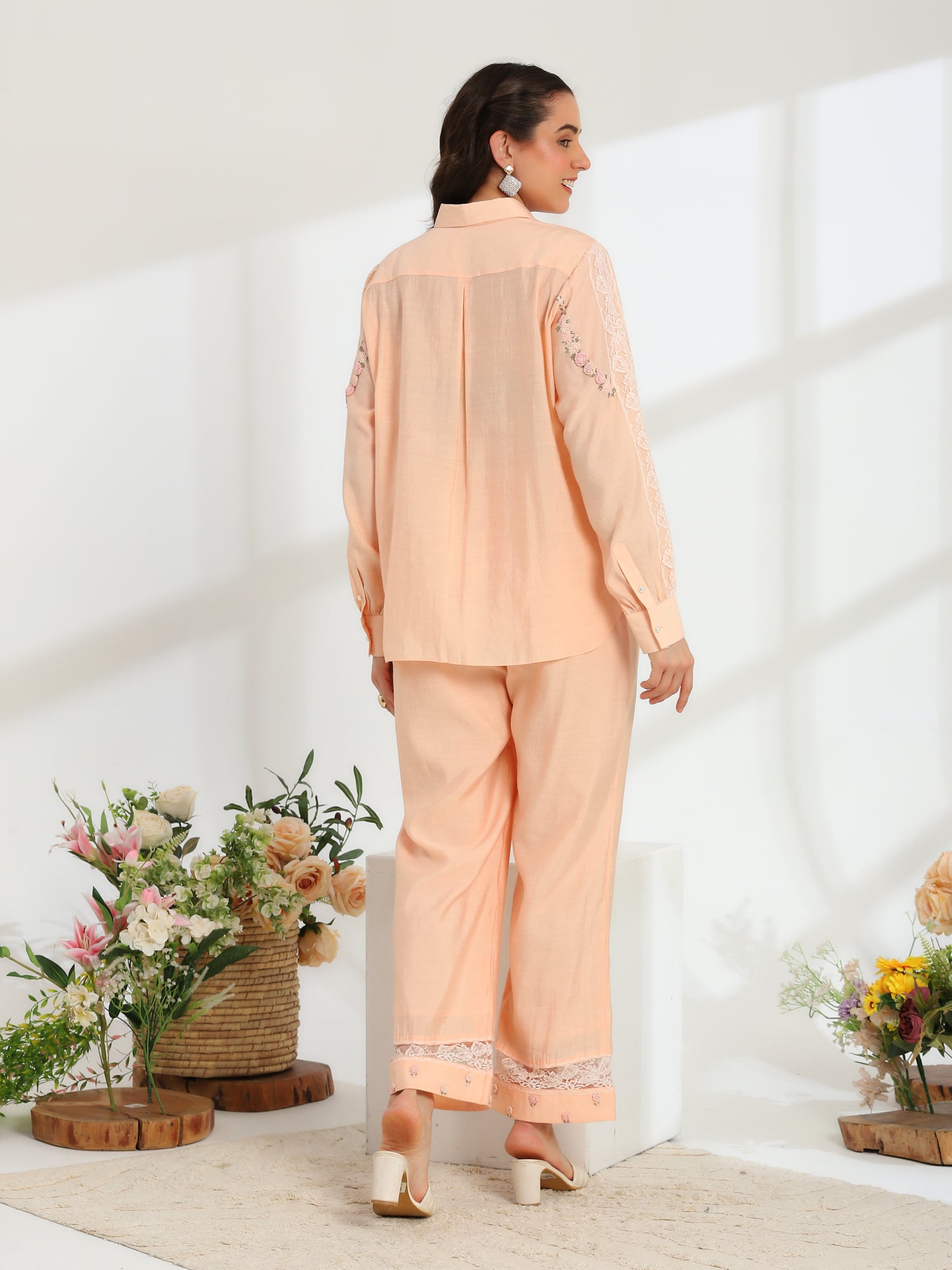 Spring Peach Hand Embroidered French lace Silk Co-ord Set