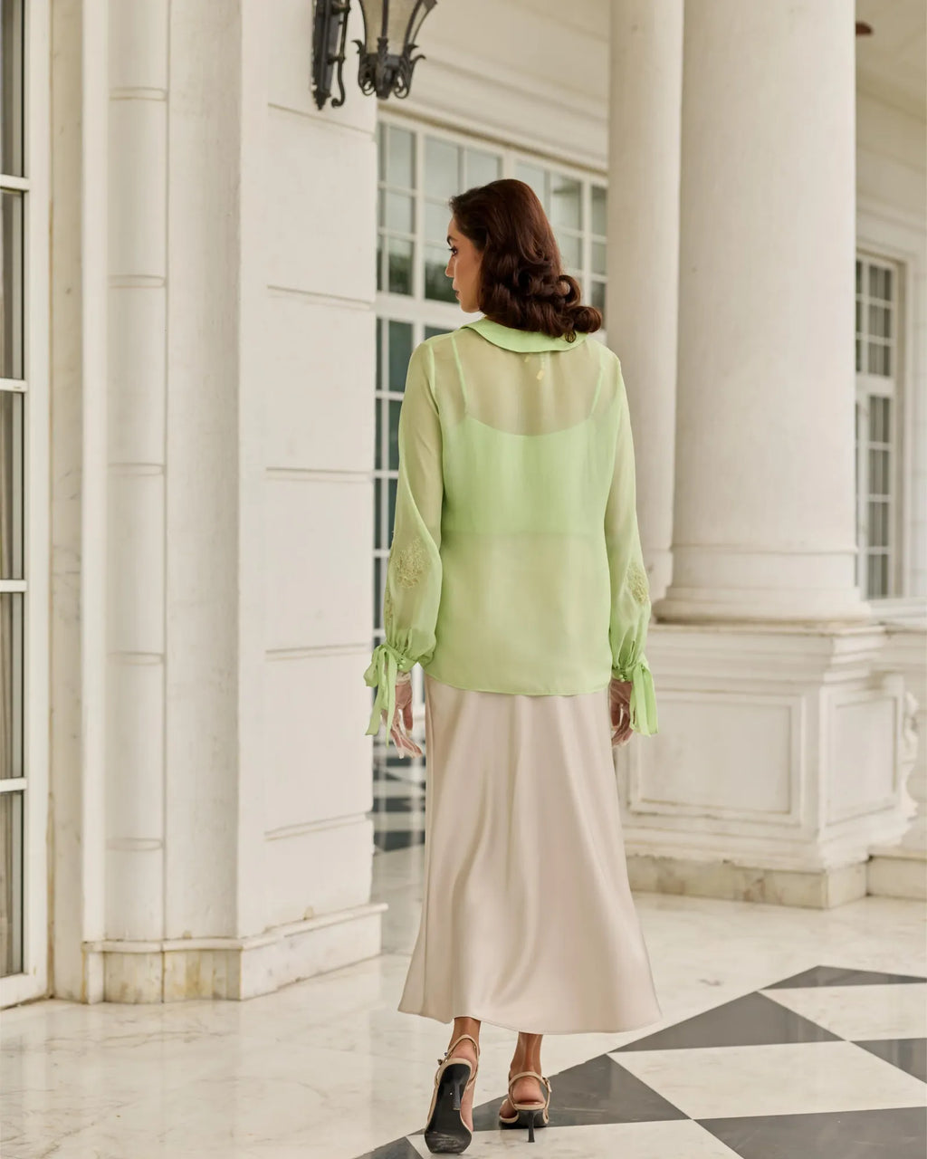 Dragonfly Pastel Green Hand Embroidered French Lace Flat Chiffon Top - Dareiss