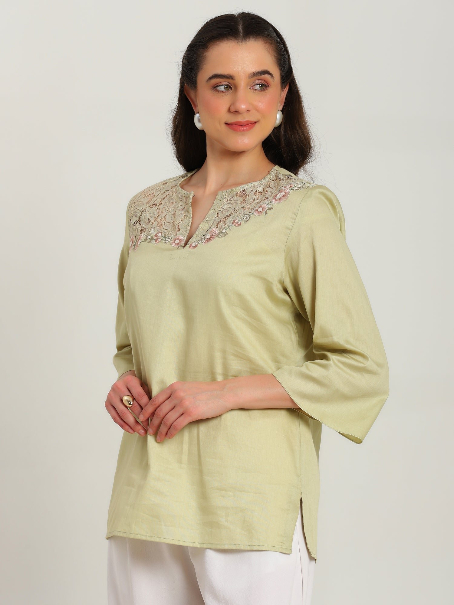 Jade Blossom Embroidered French lace cotton  shirt
