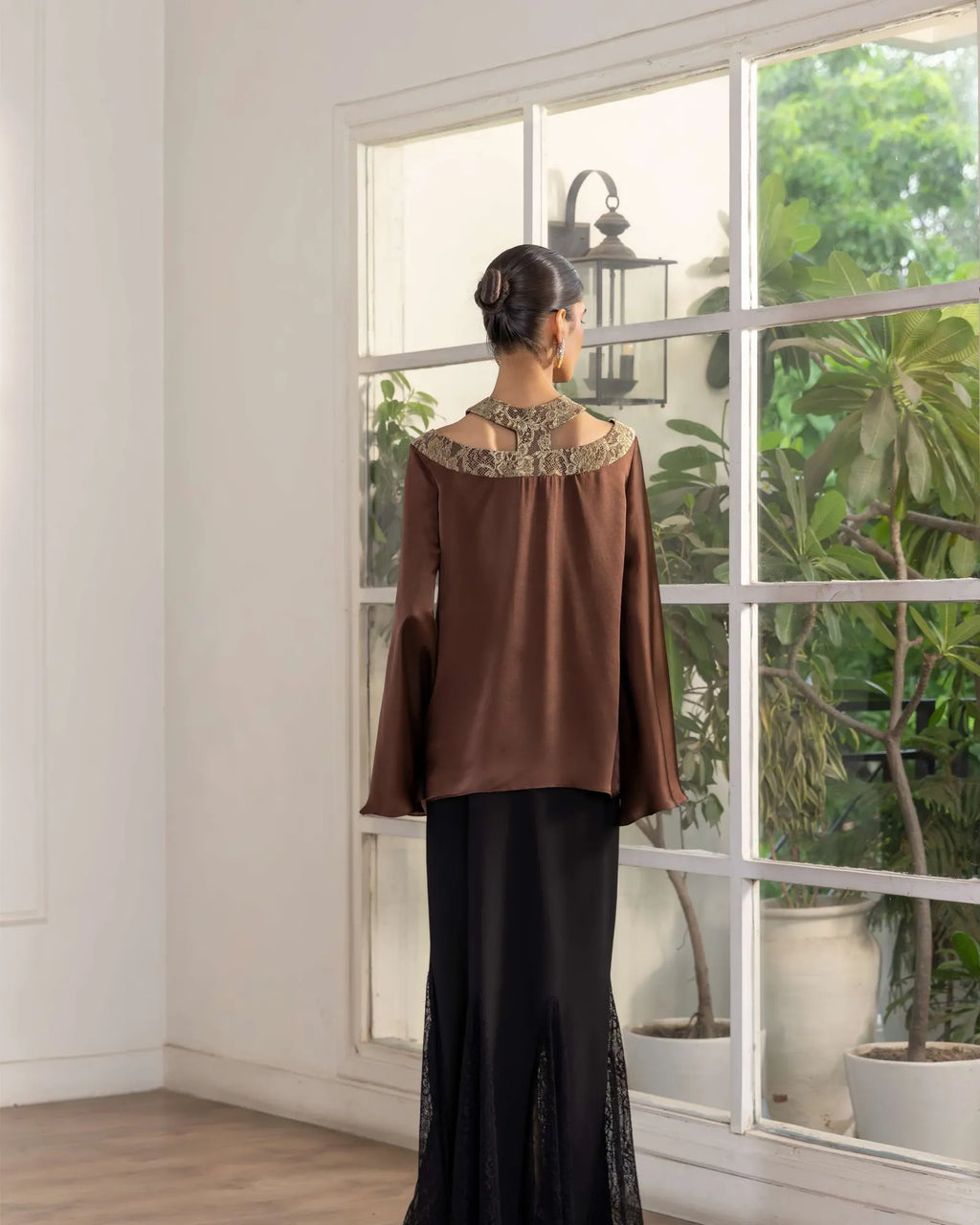 Mocha Whisper Metallic French Lace Satin Top