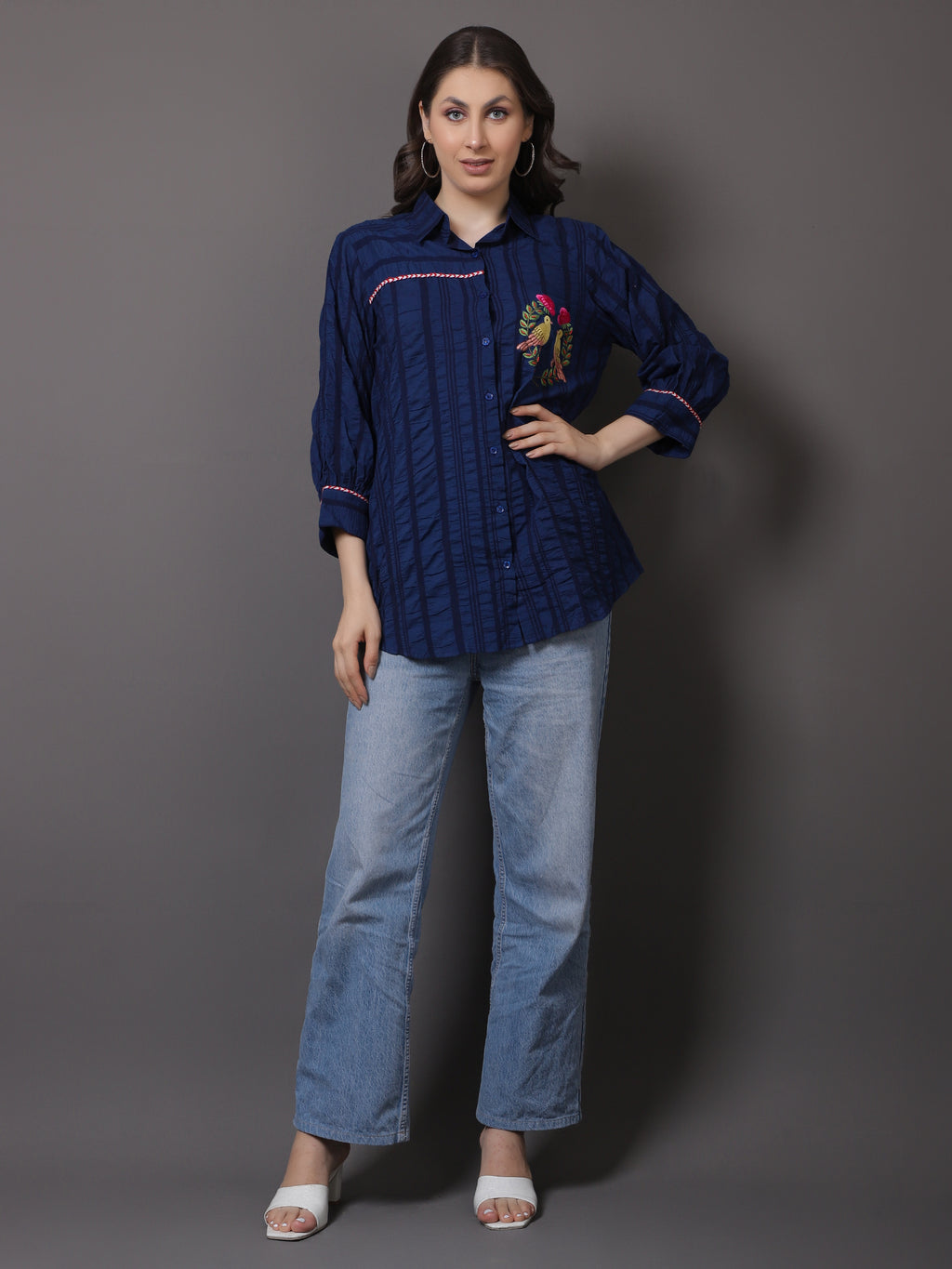 Blue Crushed Embroidered Shirt