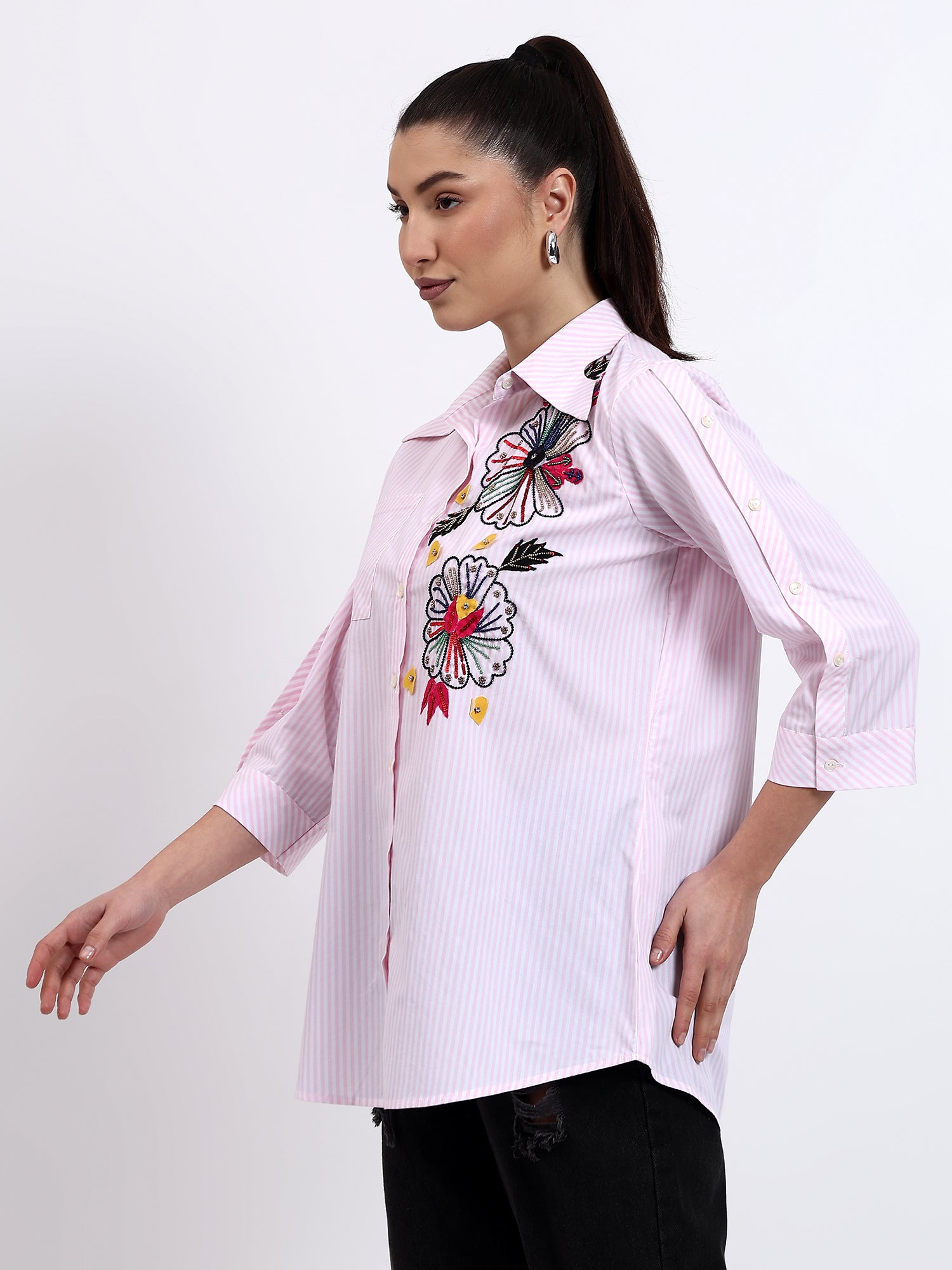 Baby pink stripes embroidered shirt