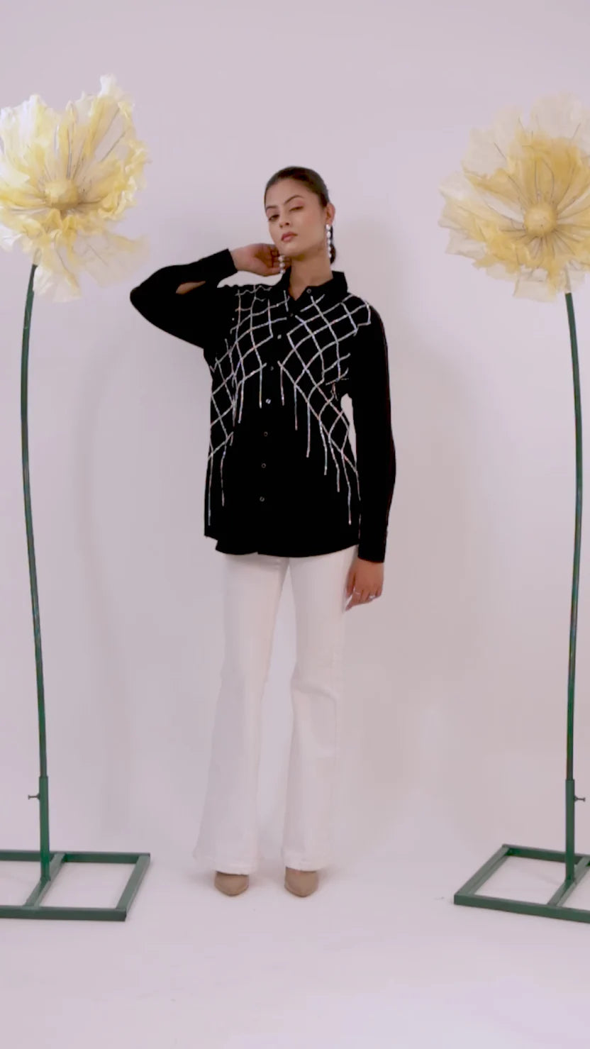 THE BLACK CHECKS STONE TASSEL CRAPE SHIRT - BeyondStiches
