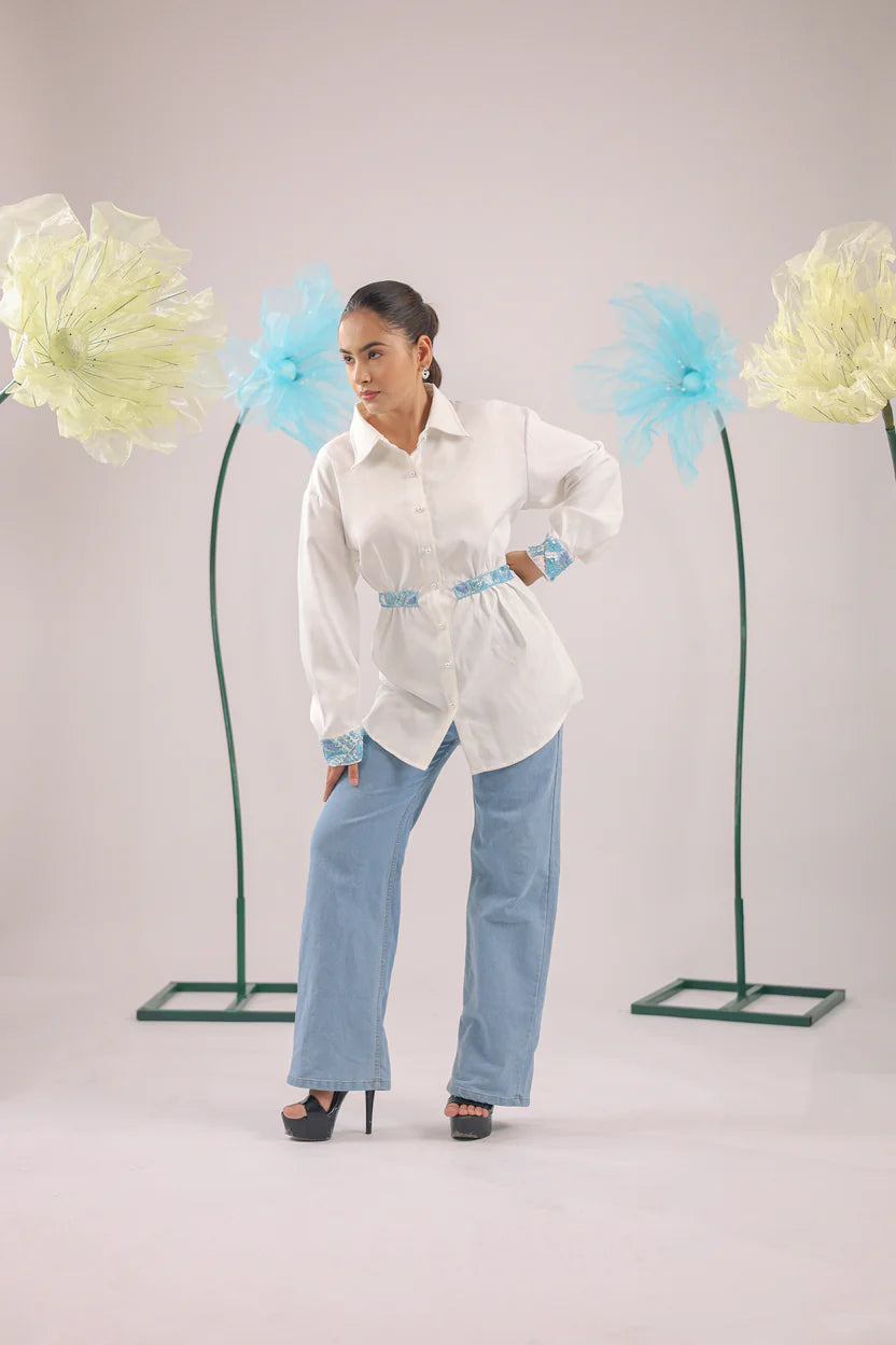 THE WHITE GATHERED CRAPE SHIRT WITH SKY BLUE EMBELLISHMENT