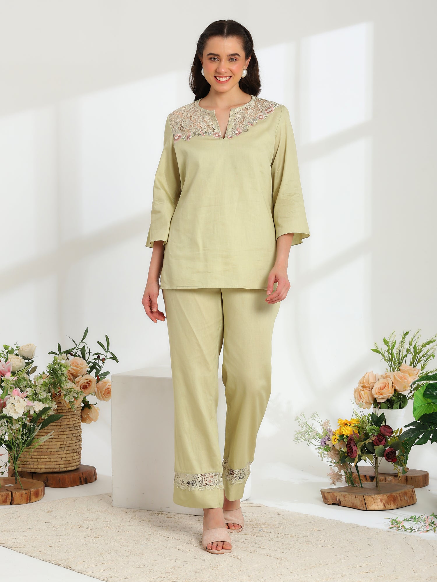 Jade Blossom Embroidered French lace cotton  co-ord set