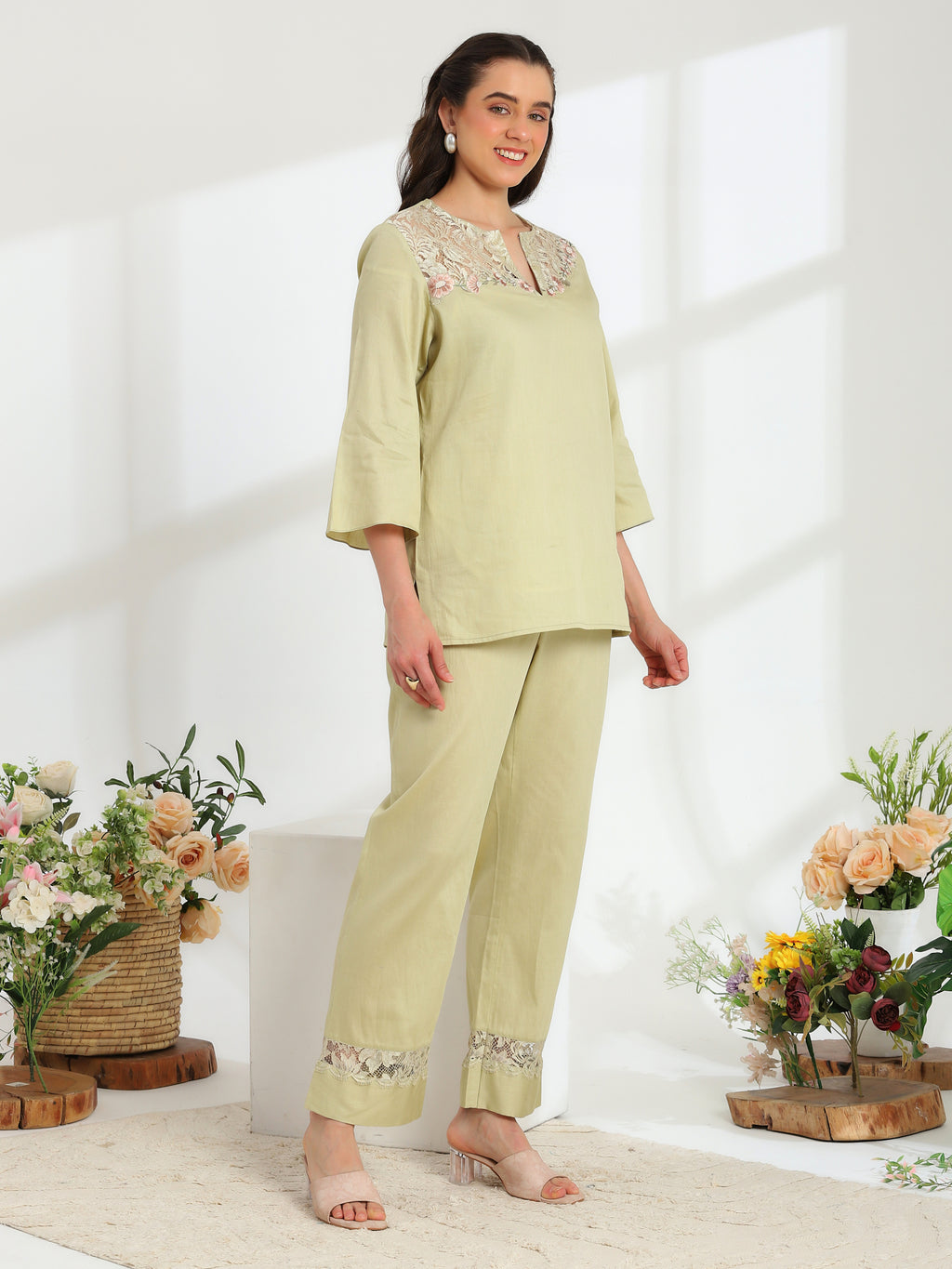 Jade Blossom Embroidered French lace cotton  co-ord set