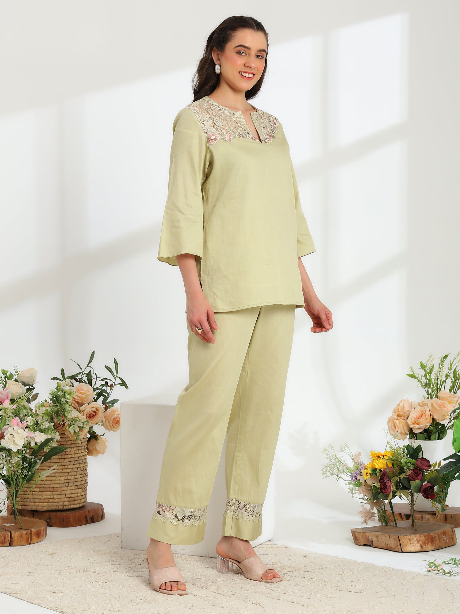 Jade Blossom Embroidered French lace cotton  co-ord set