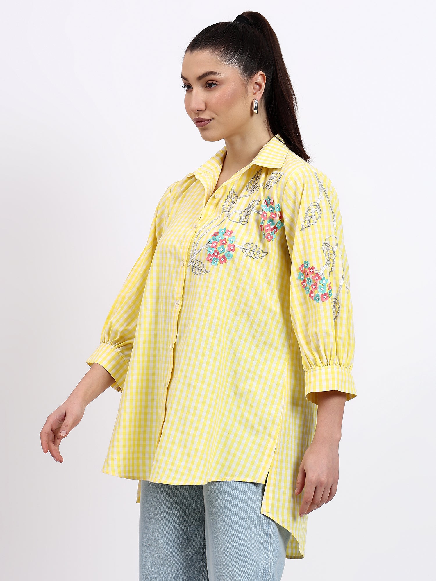 Yellow check Embroidered Shirt - Gagan Vohra