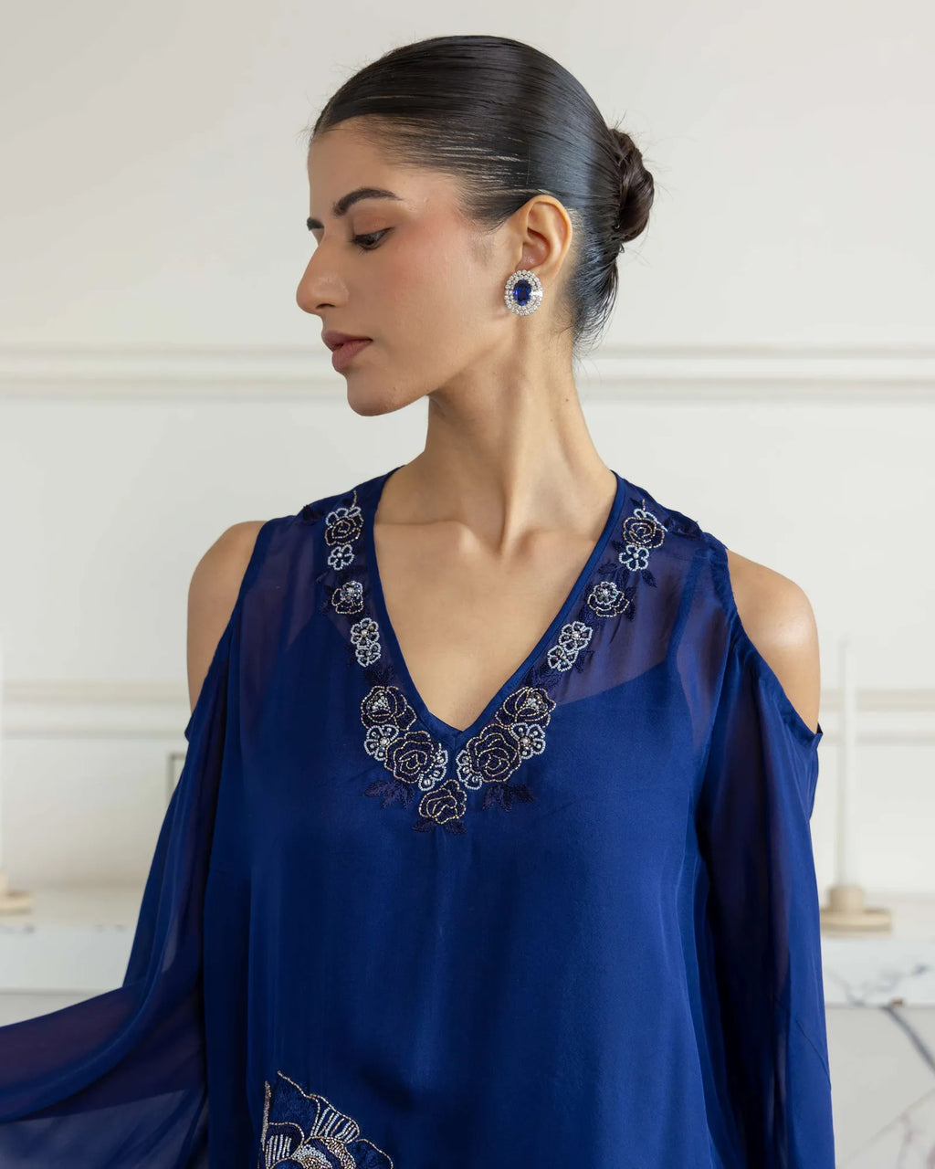 Seraphine Navy Blue Hand embroidered Flat Chiffon Top