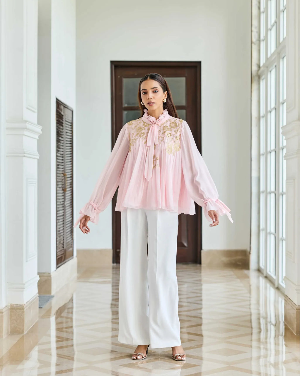 Petal Crest Pink Bow French Lace Flat Chiffon Top