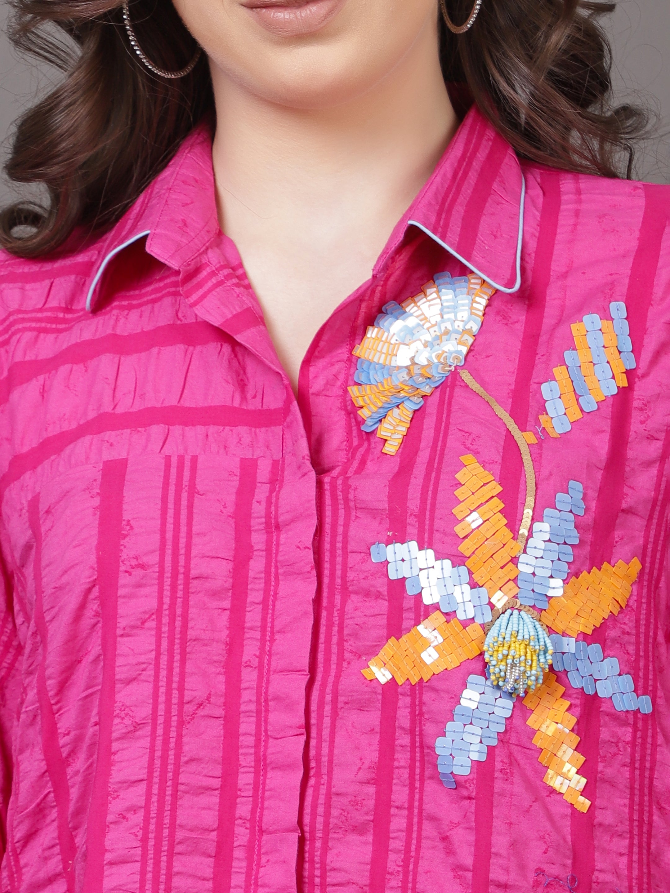Pink Crushed Embroidered Shirt