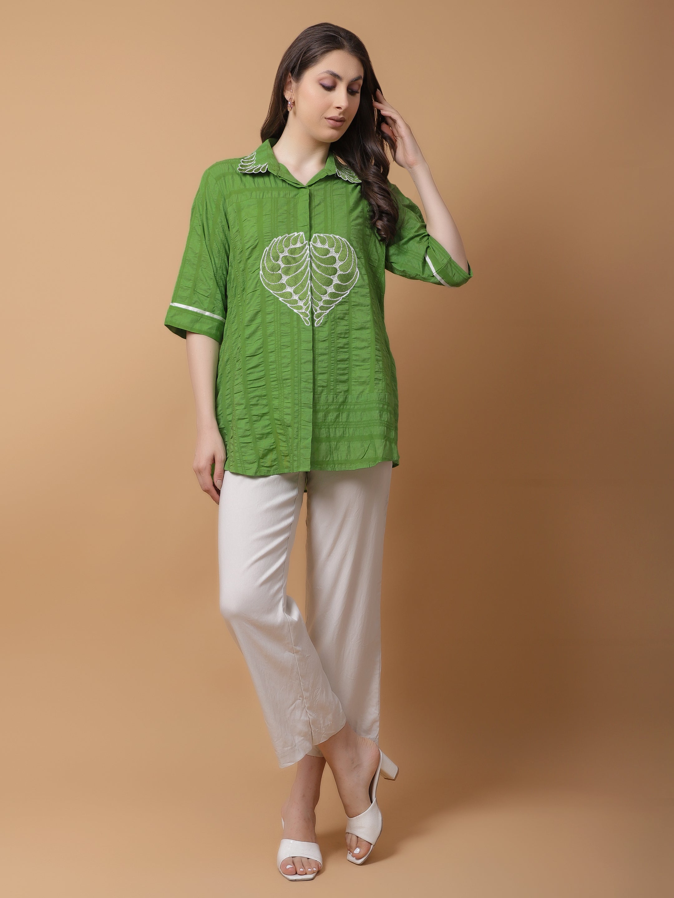 Green Cotton Crushed Embroidered Shirt