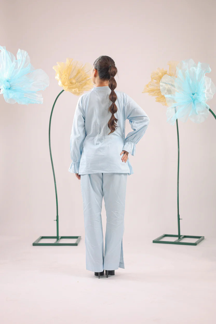 THE SKY BLUE PEARL DROP TASSEL PEPLUM SHIRT - BeyondStiches
