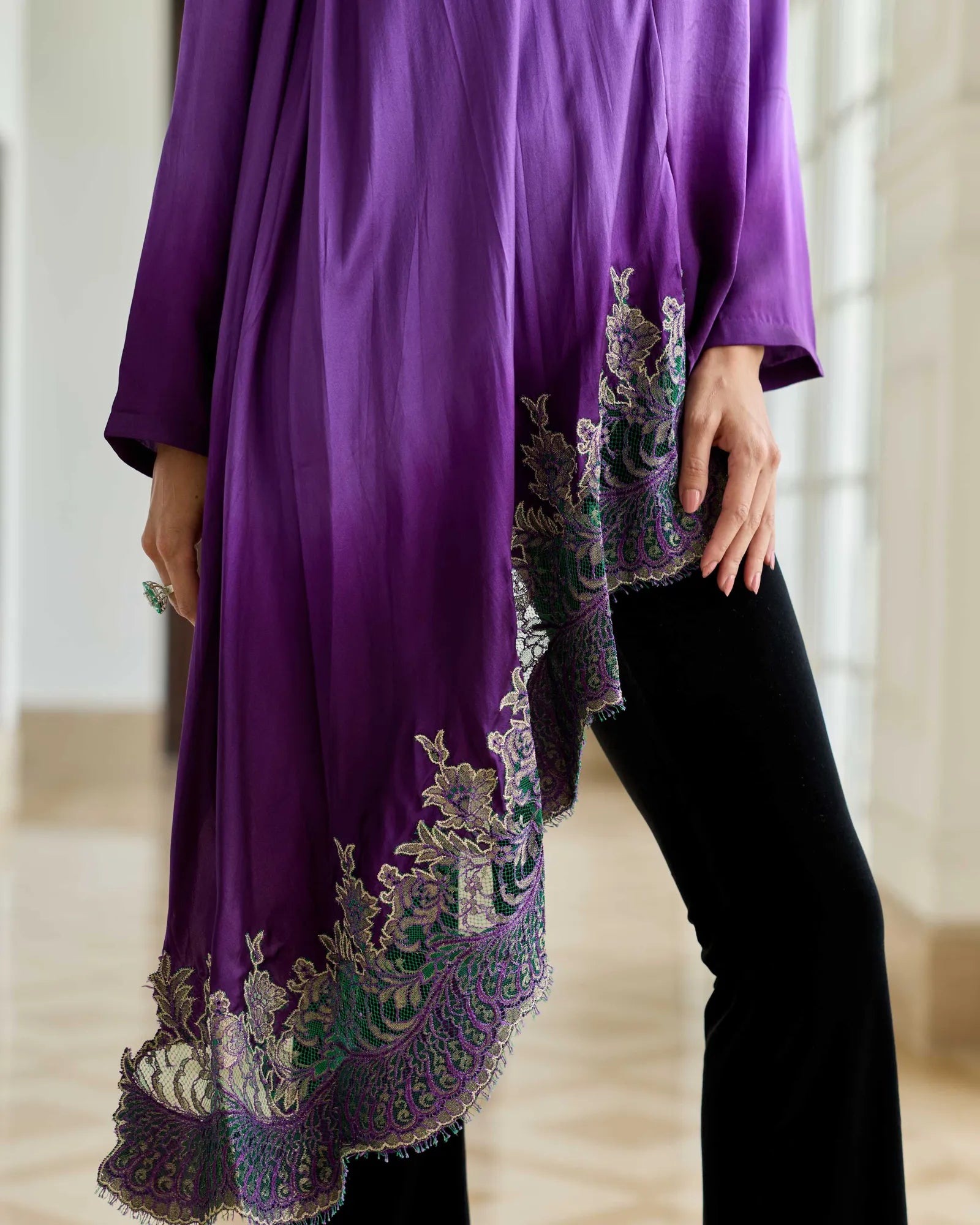 Ornate Purple Gradient Hand Embroidered French Lace Silk Satin Scarf Top - Dareiss