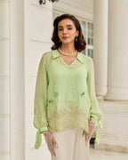 Dragonfly Pastel Green Hand Embroidered French Lace Flat Chiffon Top
