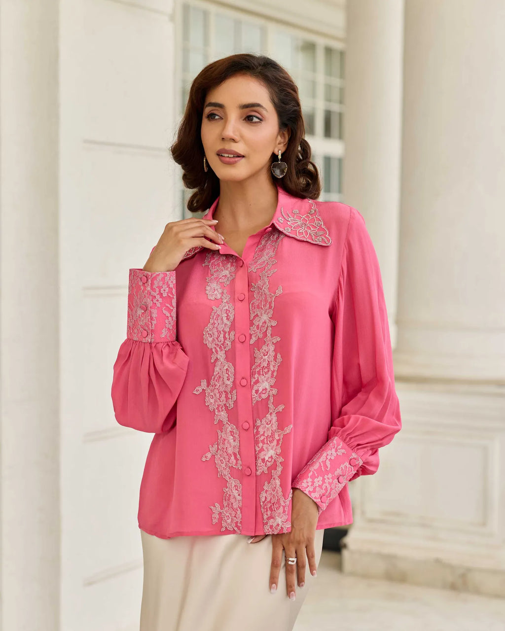 Thistle Fuchsia Pink Cutdana Embroidery French Lace Shirt