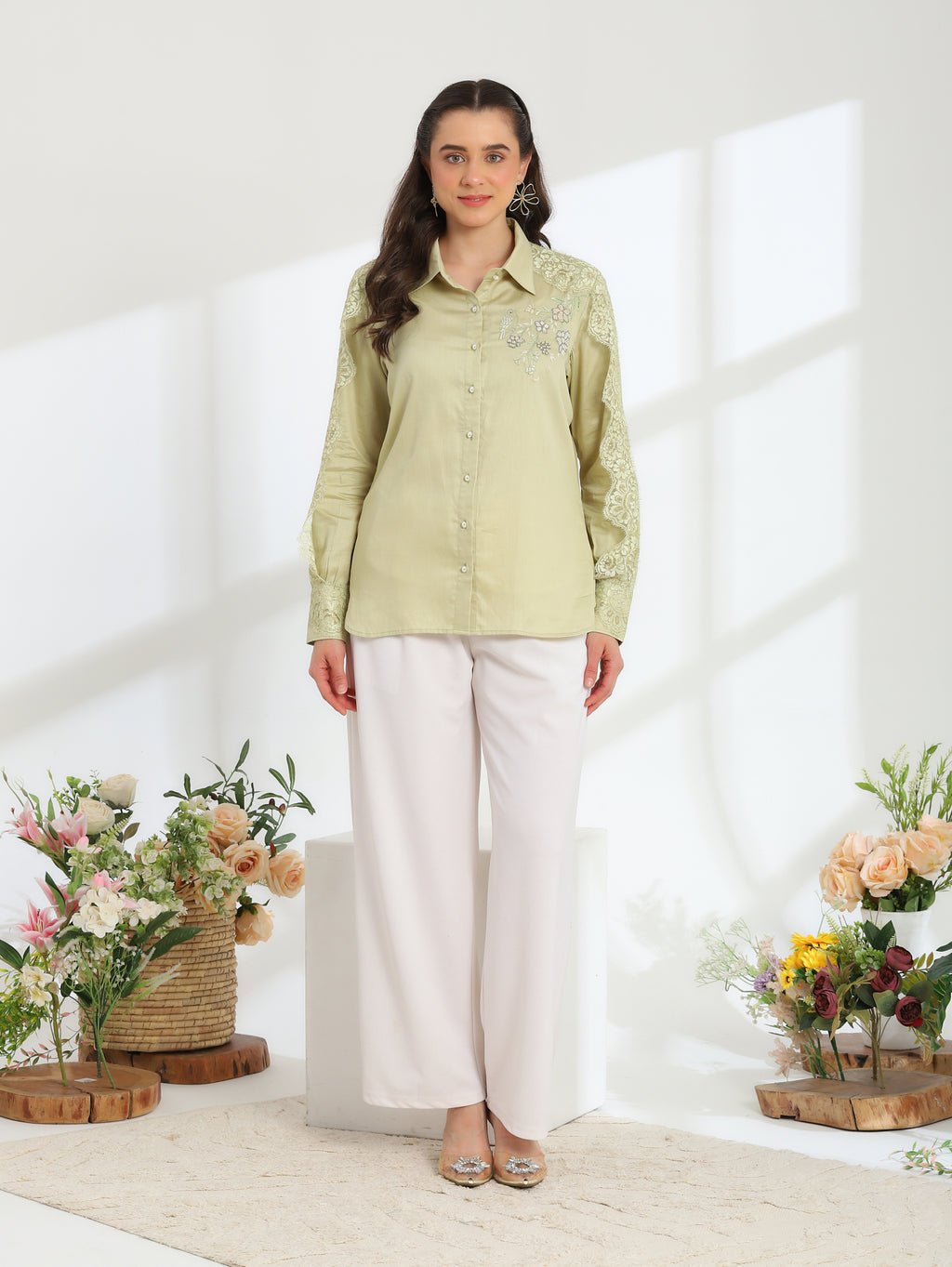 Soft Fern Hand Embroidered French lace Glazed Cotton Shirt - Dareiss