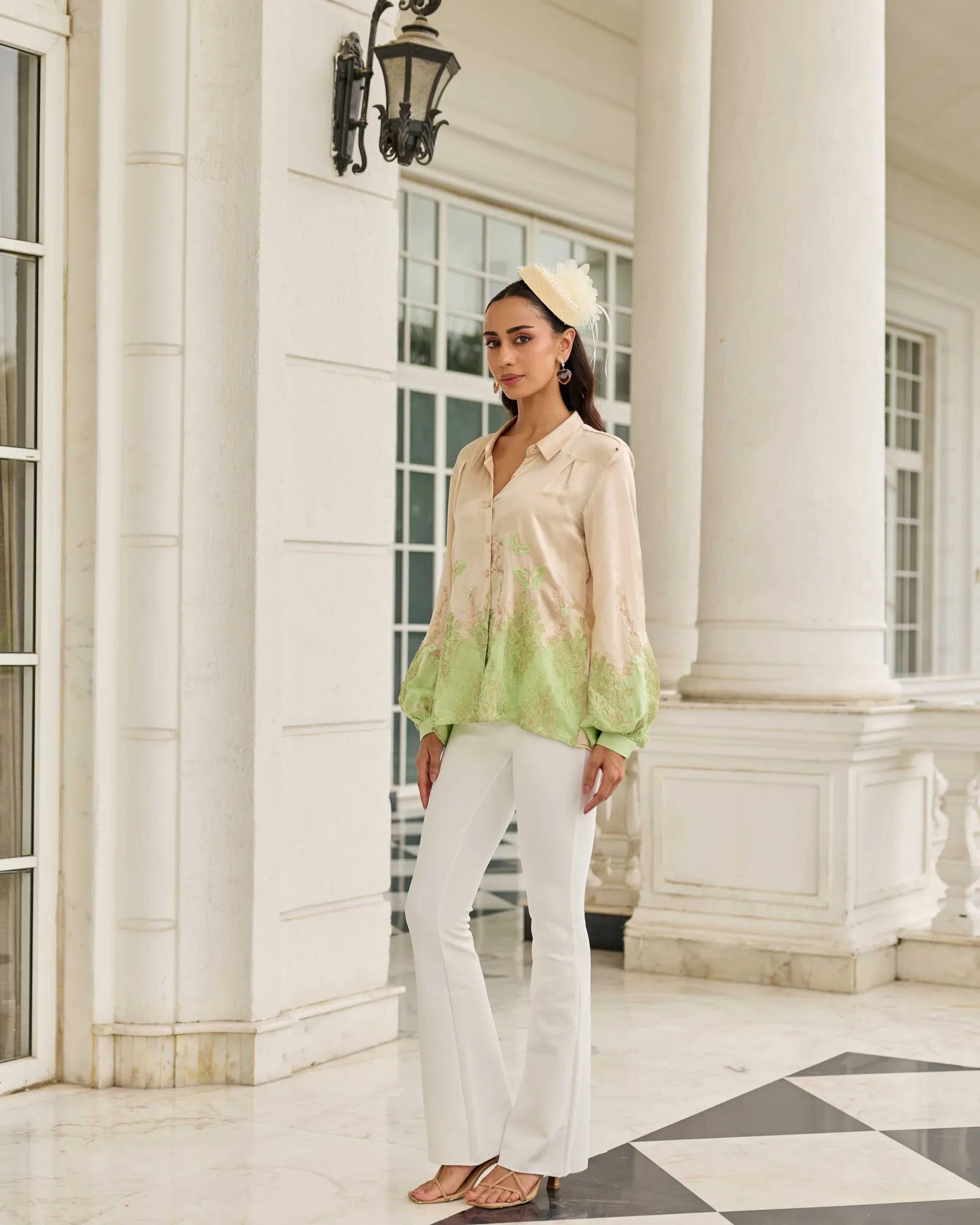 Ember Stone-Sage Hand Embroidered French Lace Satin Silk Shirt