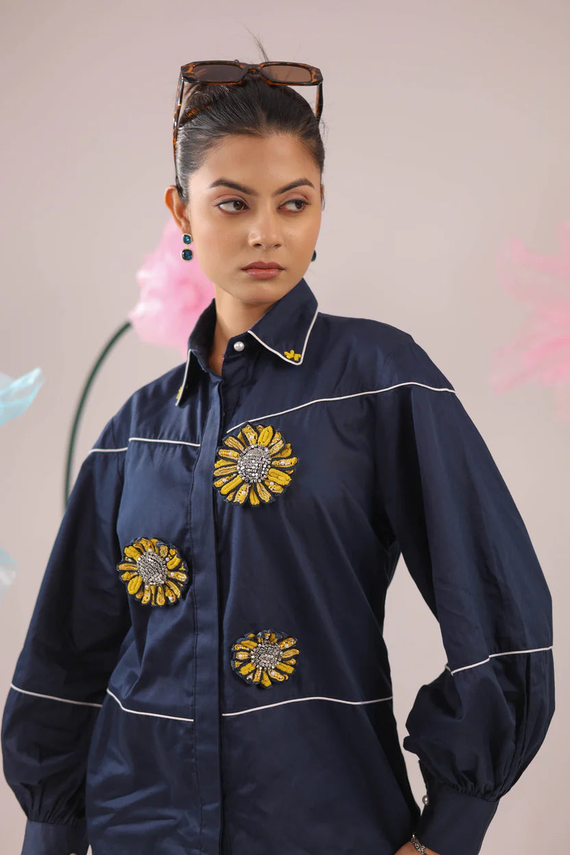 THE NAVY BLUE COTTON SHIRT WITH 3D YELLOW EMBELLISHED FLOWERS