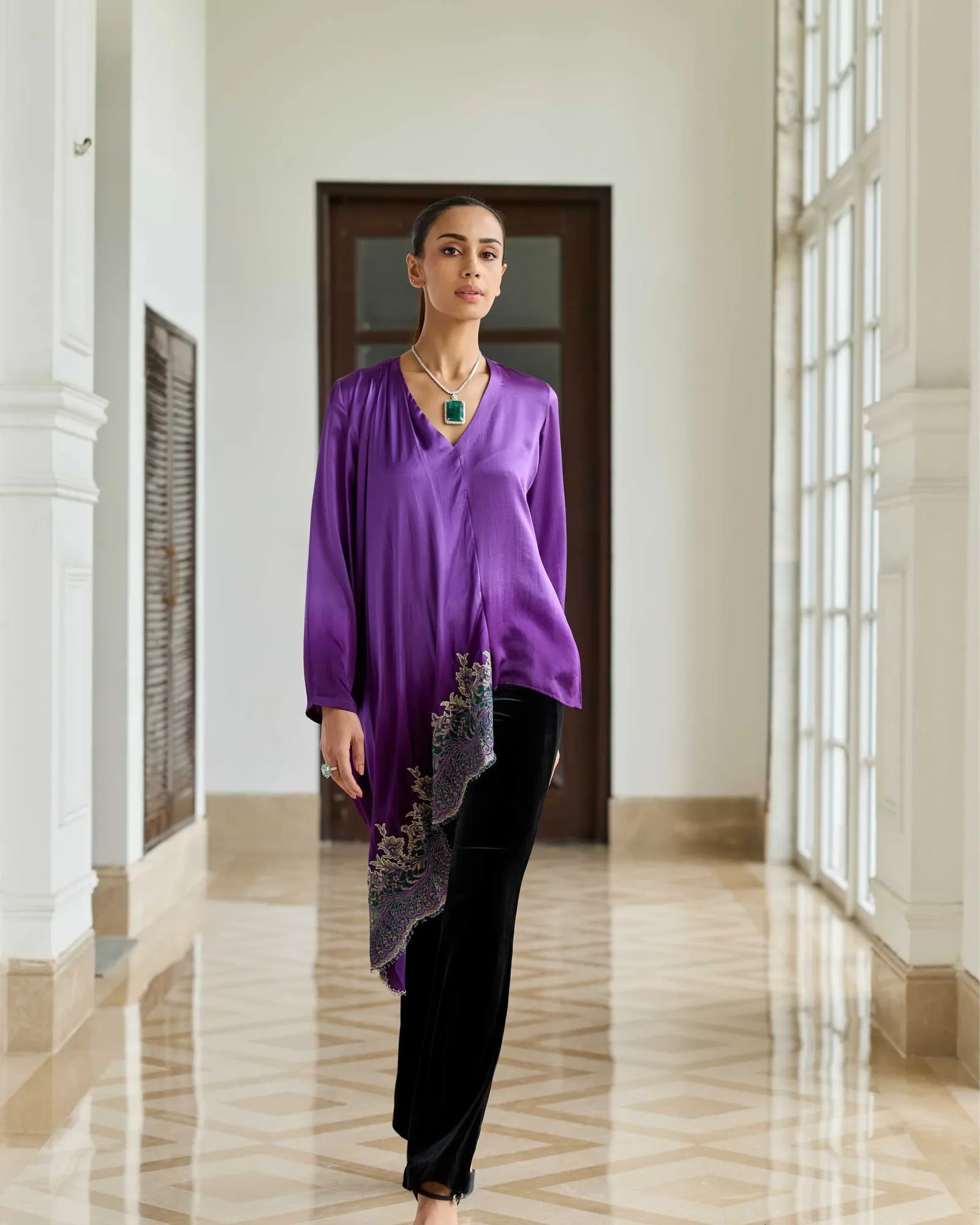 Ornate Purple Gradient Hand Embroidered French Lace Silk Satin Scarf Top