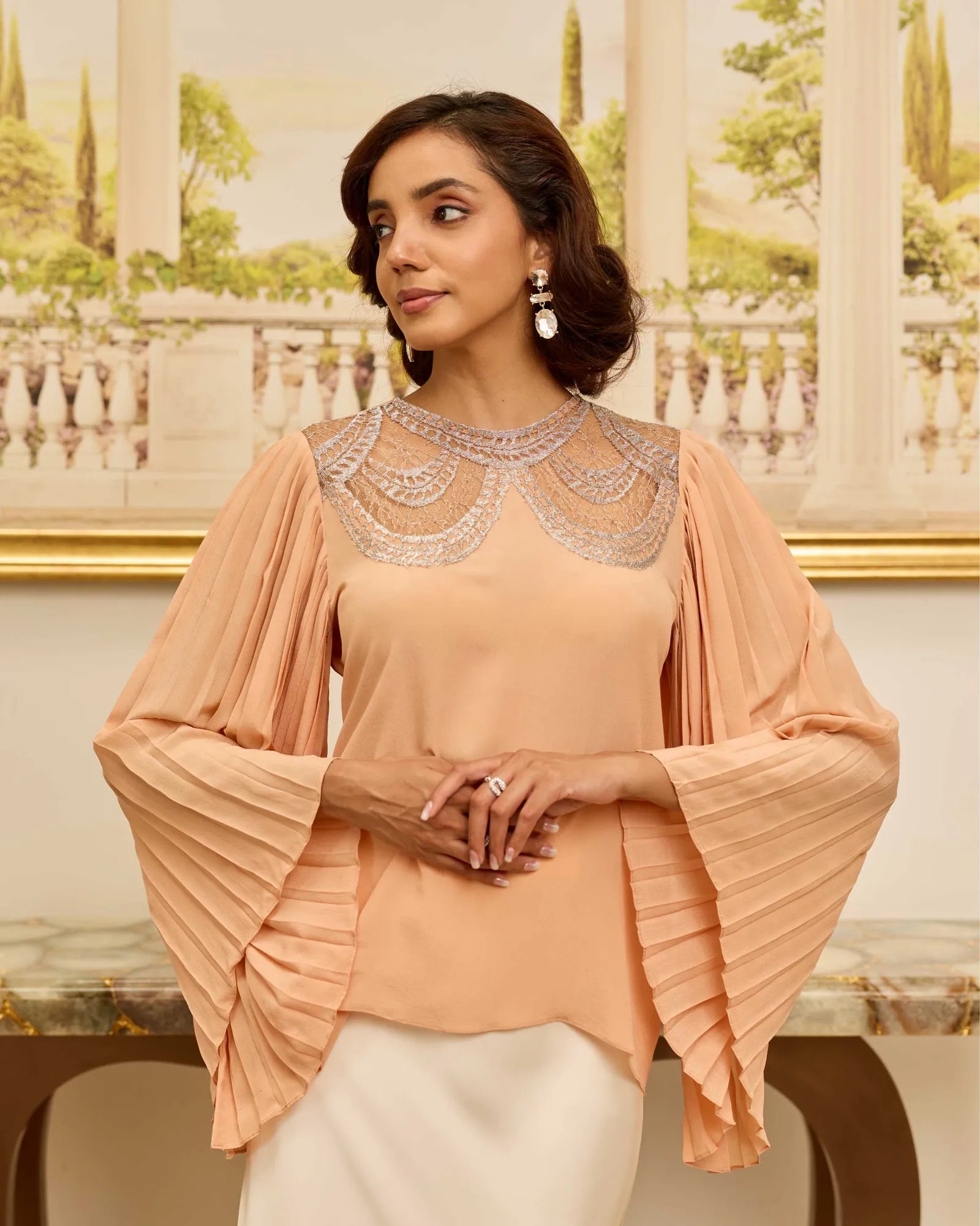 Grace Salmon Peach and Silver French Lace Crepe Top