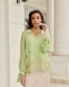 Dragonfly Pastel Green Hand Embroidered French Lace Flat Chiffon Top