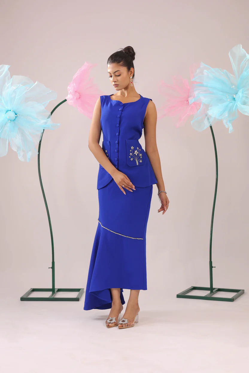 The royal blue floral stone embellished vest with asymmetrical skirt set - BeyondStiches